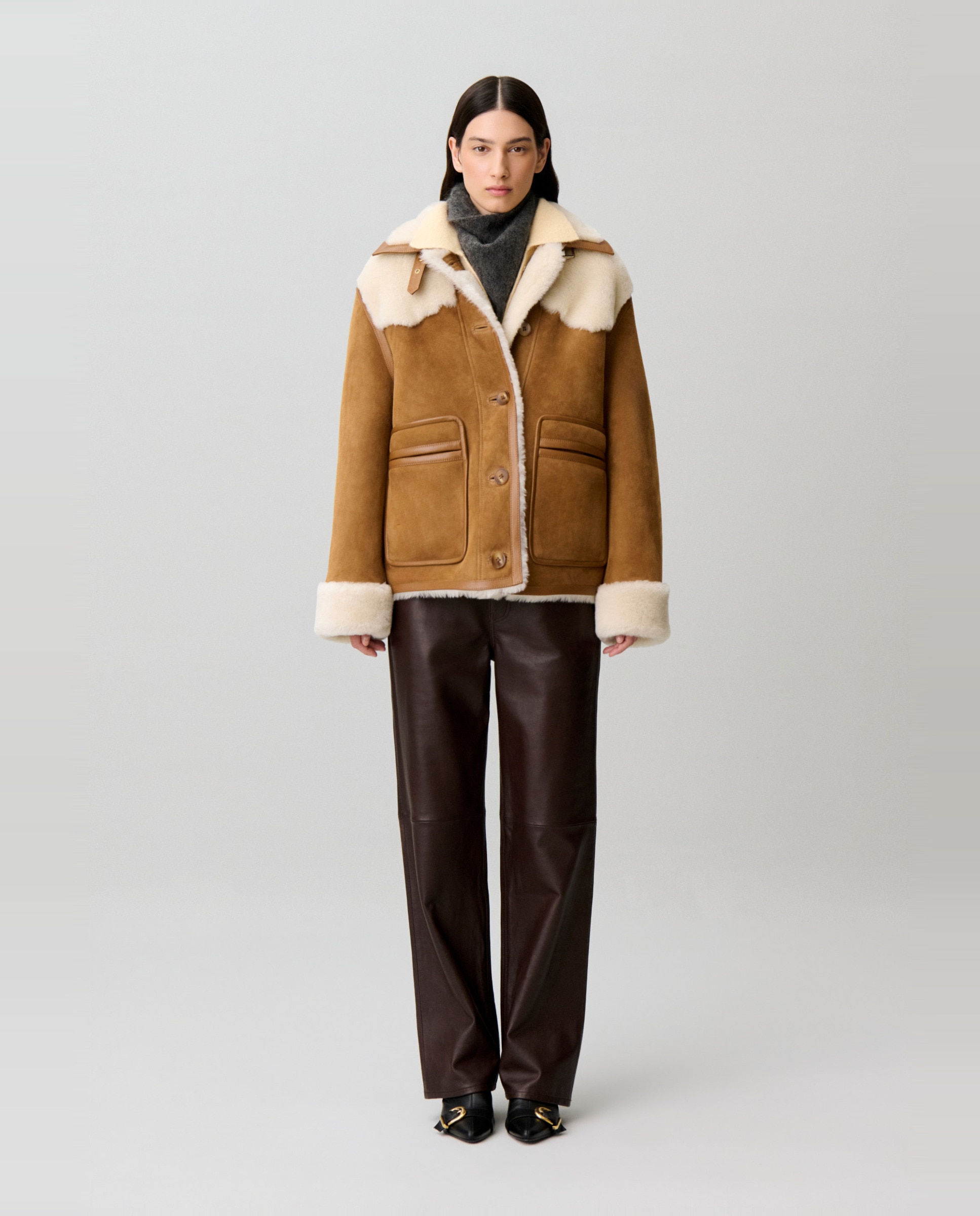 Cazadora de mujer doble faz con borreguito y cuello con ribete de cuero - Claudie Pierlot - Multicolor Multicolor-4