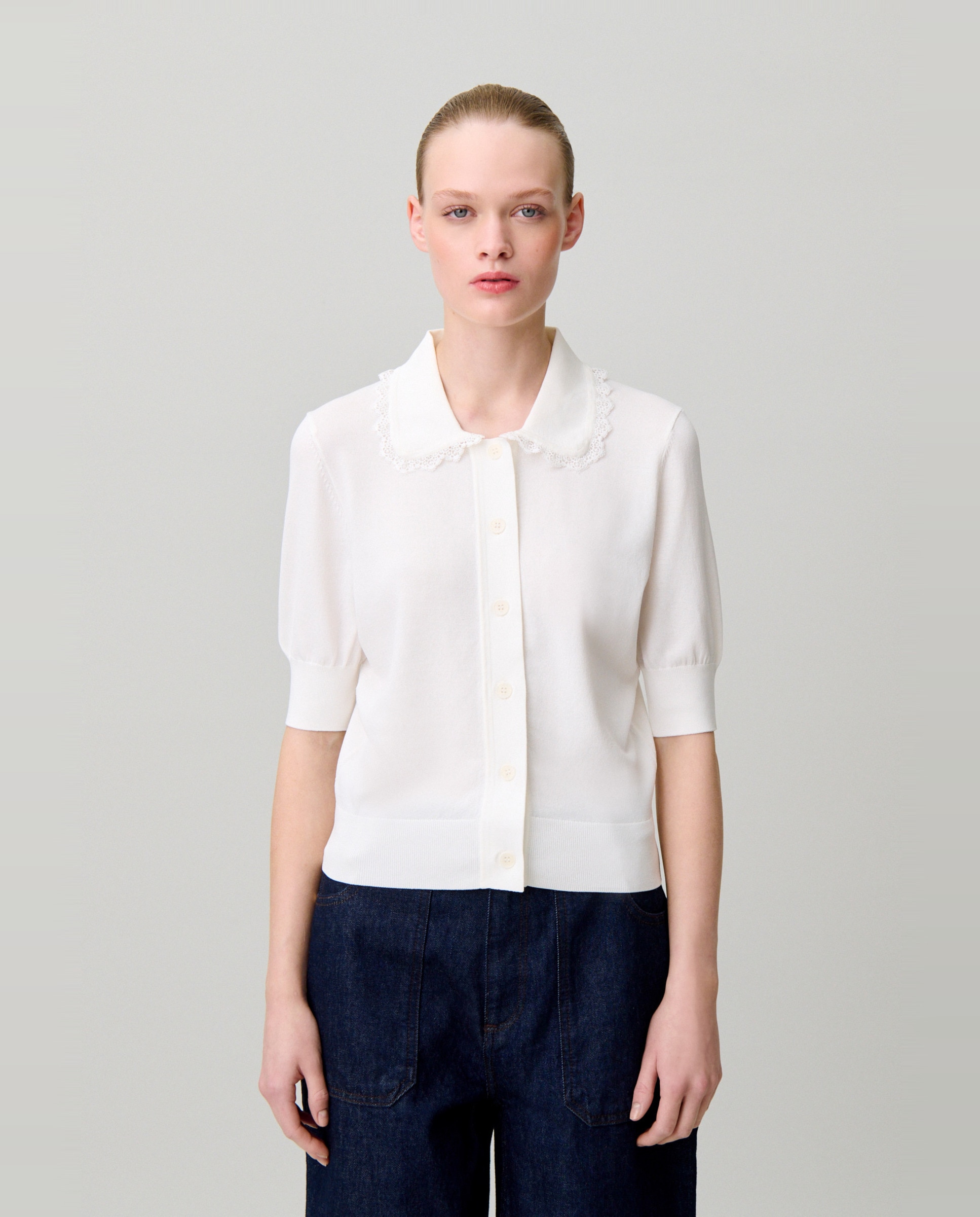 Cárdigan de punto de mujer con encaje, manga corta y cuello camisero - Claudie Pierlot - Blanco Blanco-1