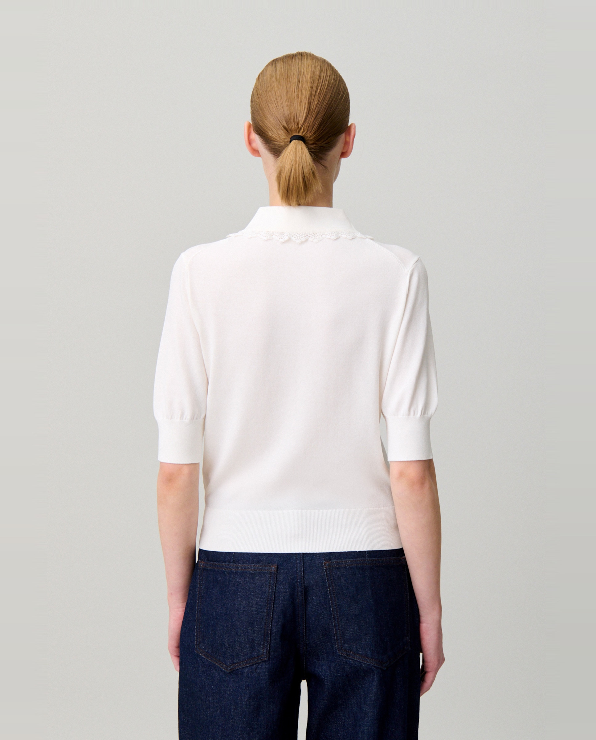 Cárdigan de punto de mujer con encaje, manga corta y cuello camisero - Claudie Pierlot - Blanco Blanco-2