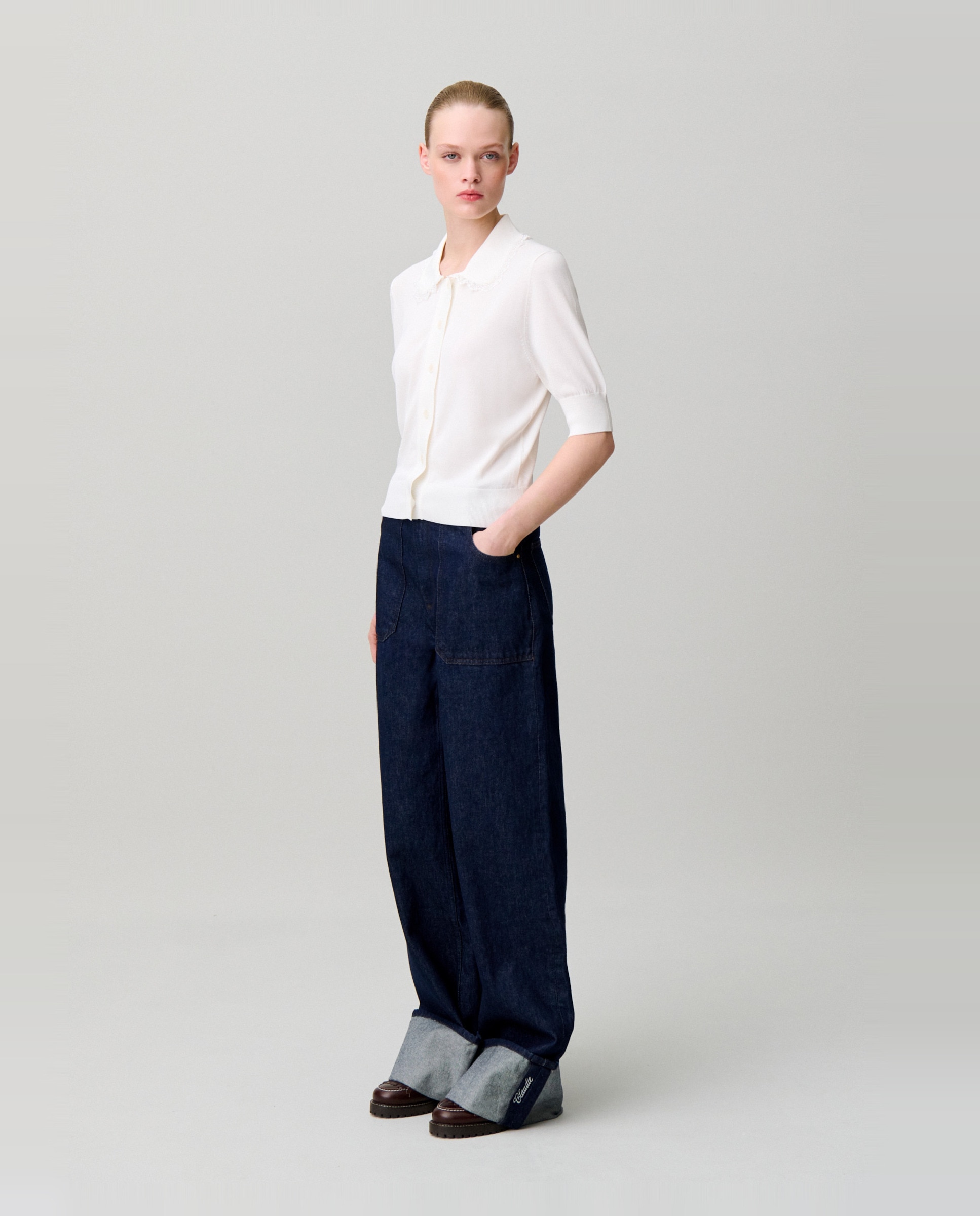 Cárdigan de punto de mujer con encaje, manga corta y cuello camisero - Claudie Pierlot - Blanco Blanco-3