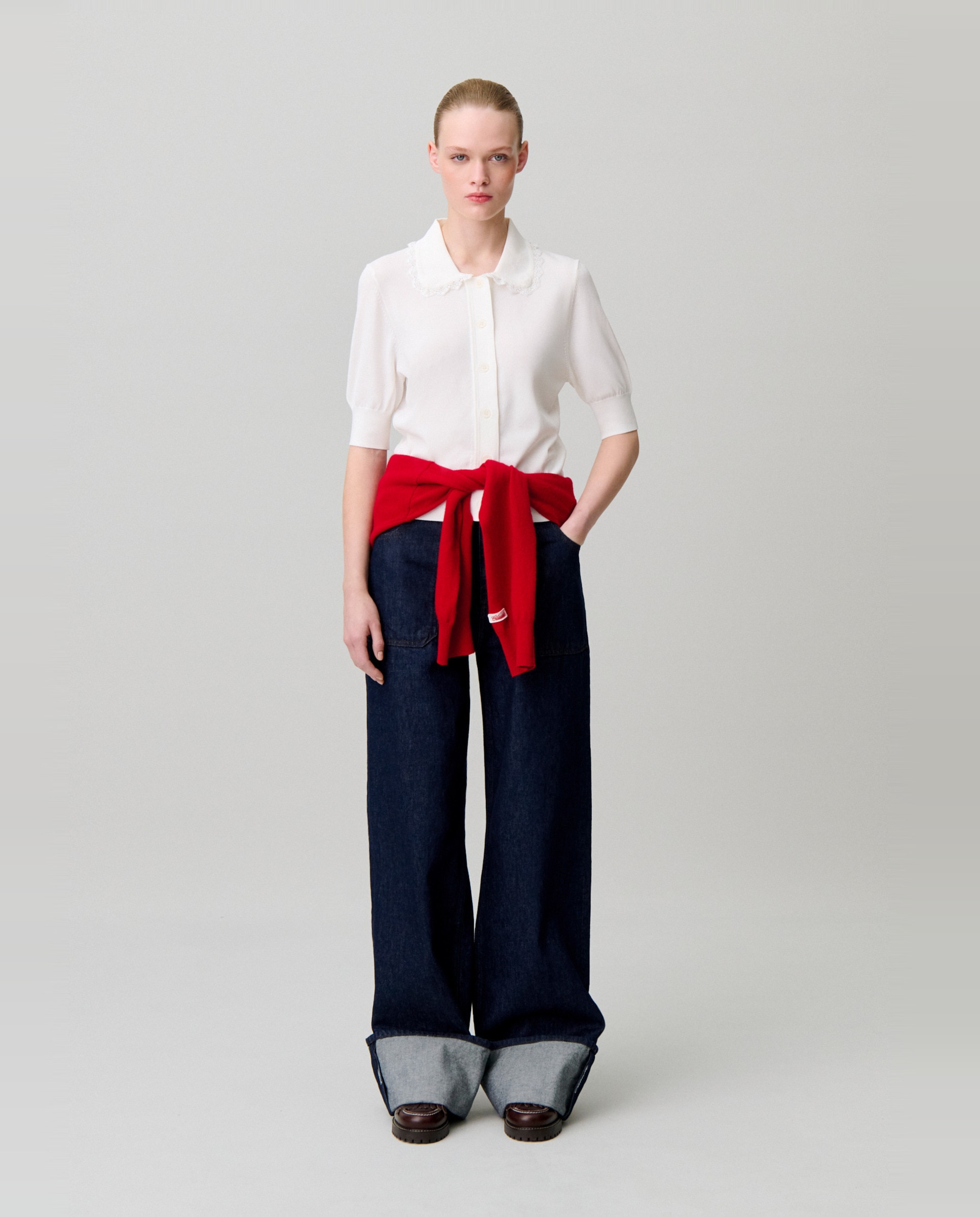 Cárdigan de punto de mujer con encaje, manga corta y cuello camisero - Claudie Pierlot - Blanco Blanco-4