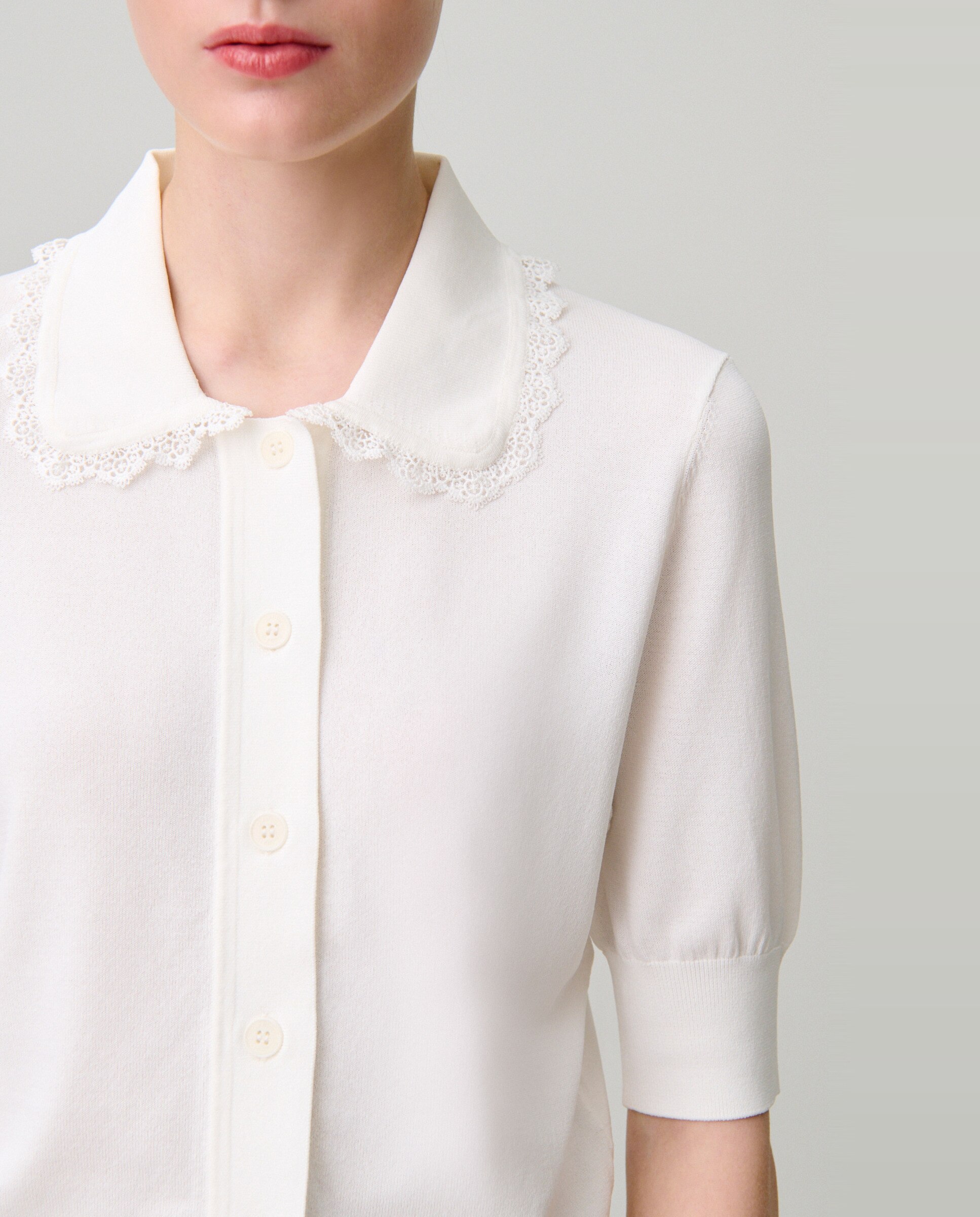 Cárdigan de punto de mujer con encaje, manga corta y cuello camisero - Claudie Pierlot - Blanco Blanco-5