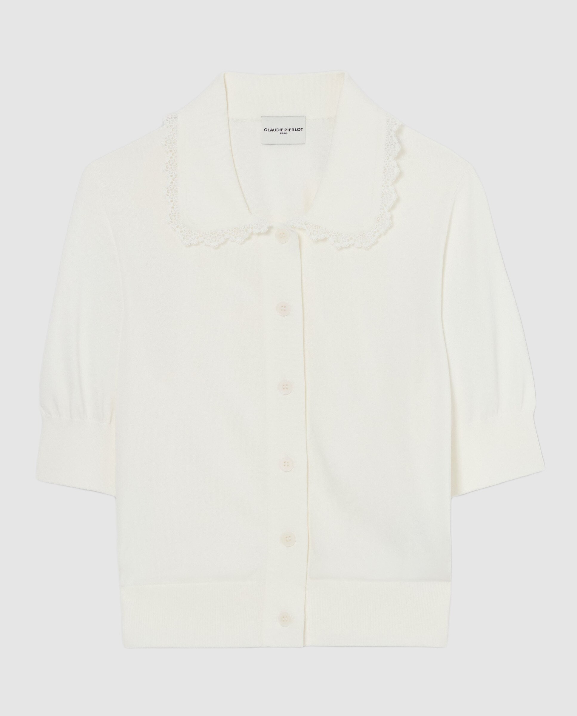 Cárdigan de punto de mujer con encaje, manga corta y cuello camisero - Claudie Pierlot - Blanco Blanco-6