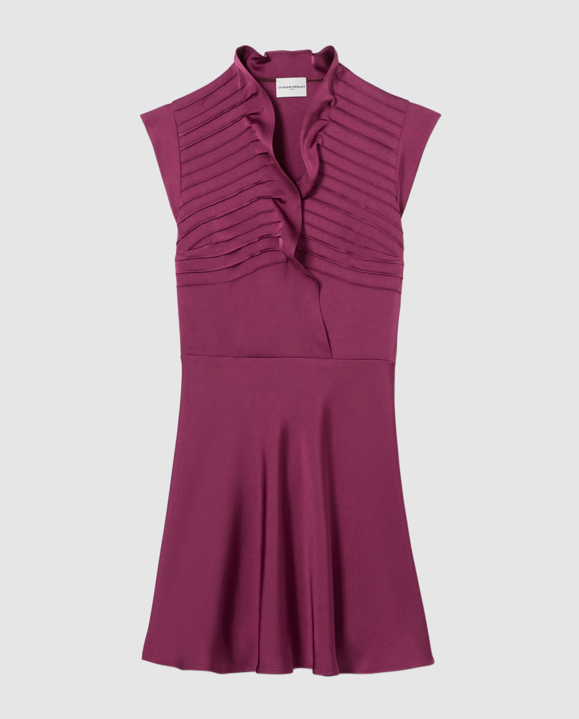Vestido corto satinado con cuello victoriano y falda de vuelo - Claudie Pierlot - Magenta Magenta-6