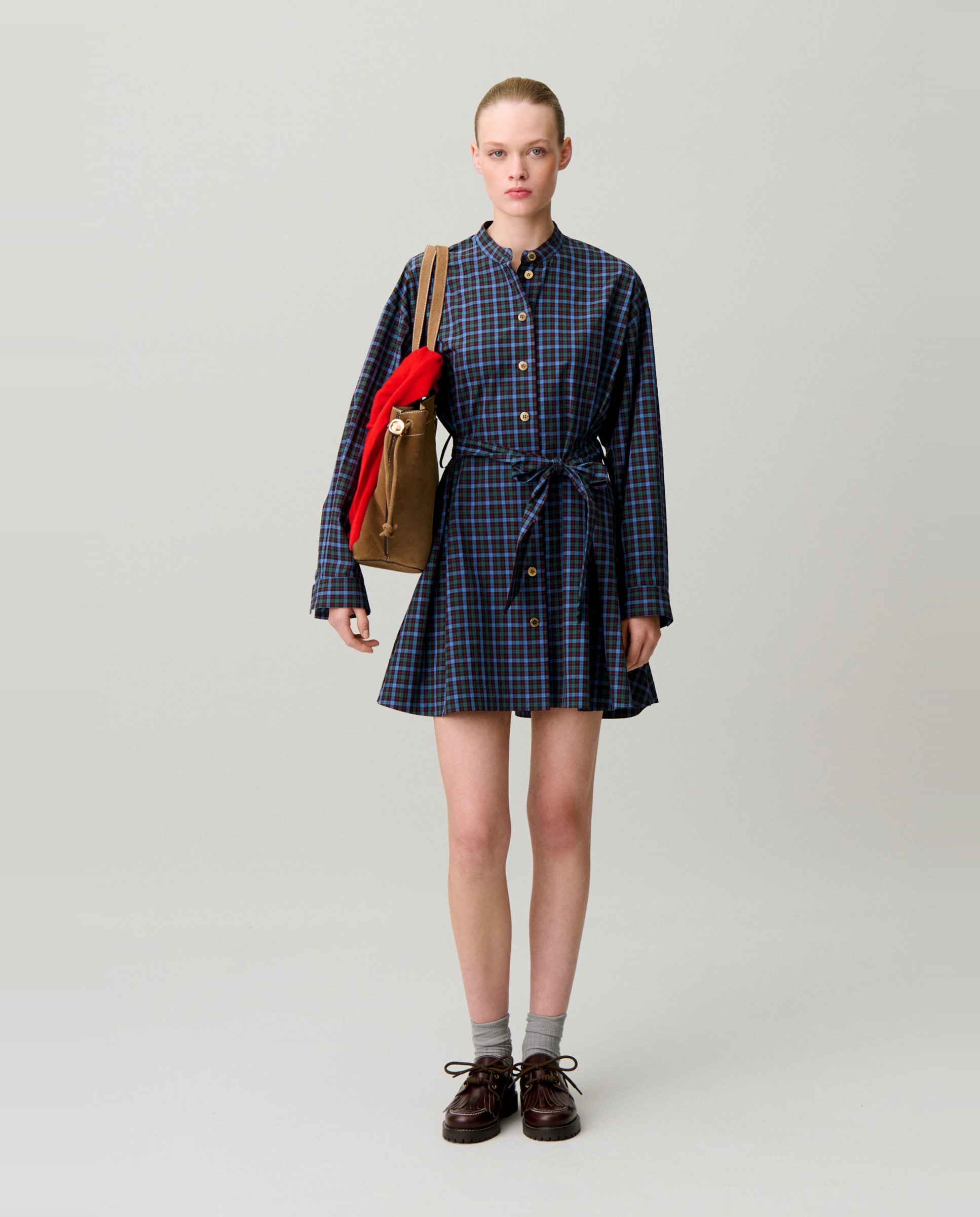 Vestido corto camisero de algodón a cuadros, cuello mao y cinturón desmontable - Claudie Pierlot - Multicolor Multicolor-1