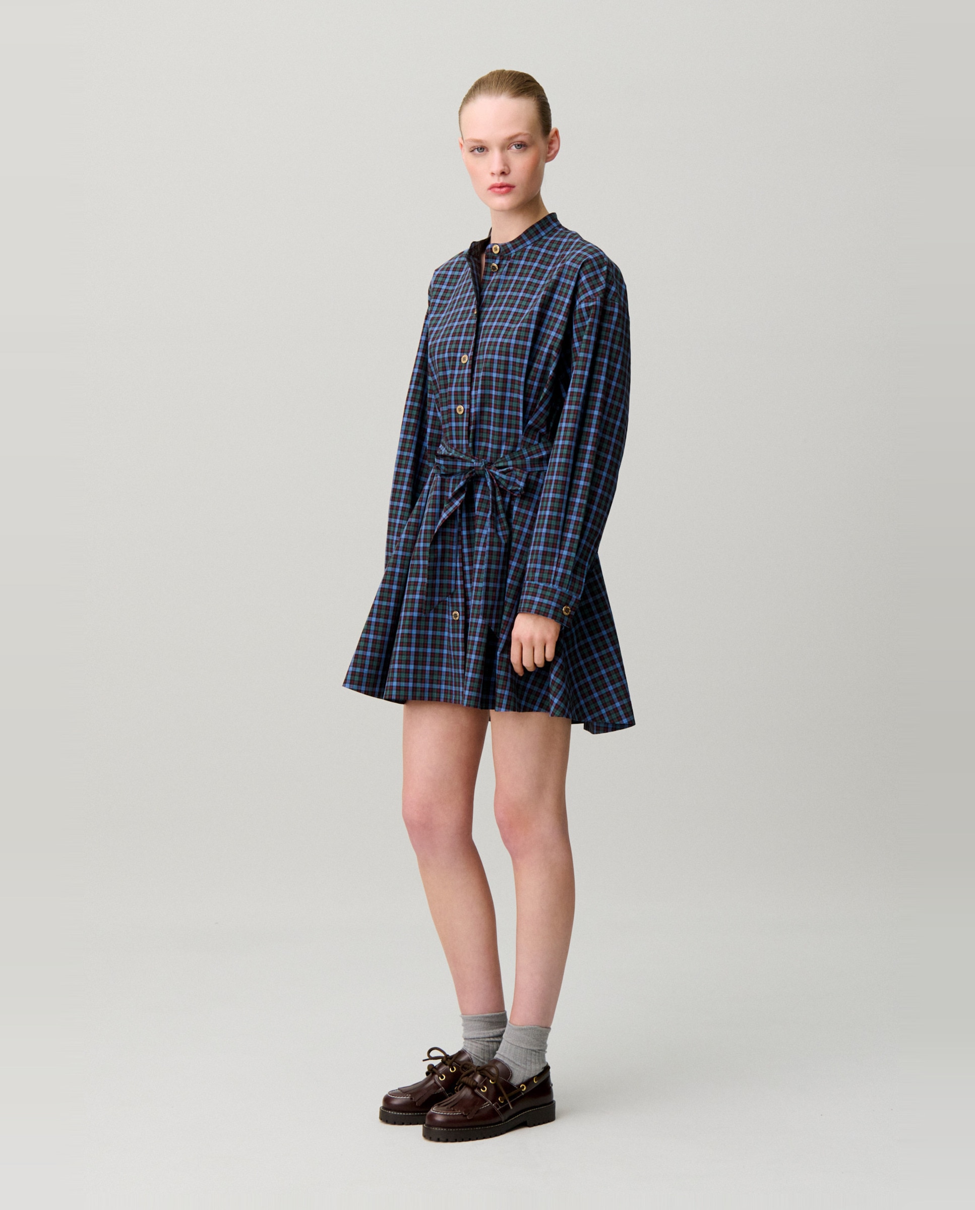 Vestido corto camisero de algodón a cuadros, cuello mao y cinturón desmontable - Claudie Pierlot - Multicolor Multicolor-2