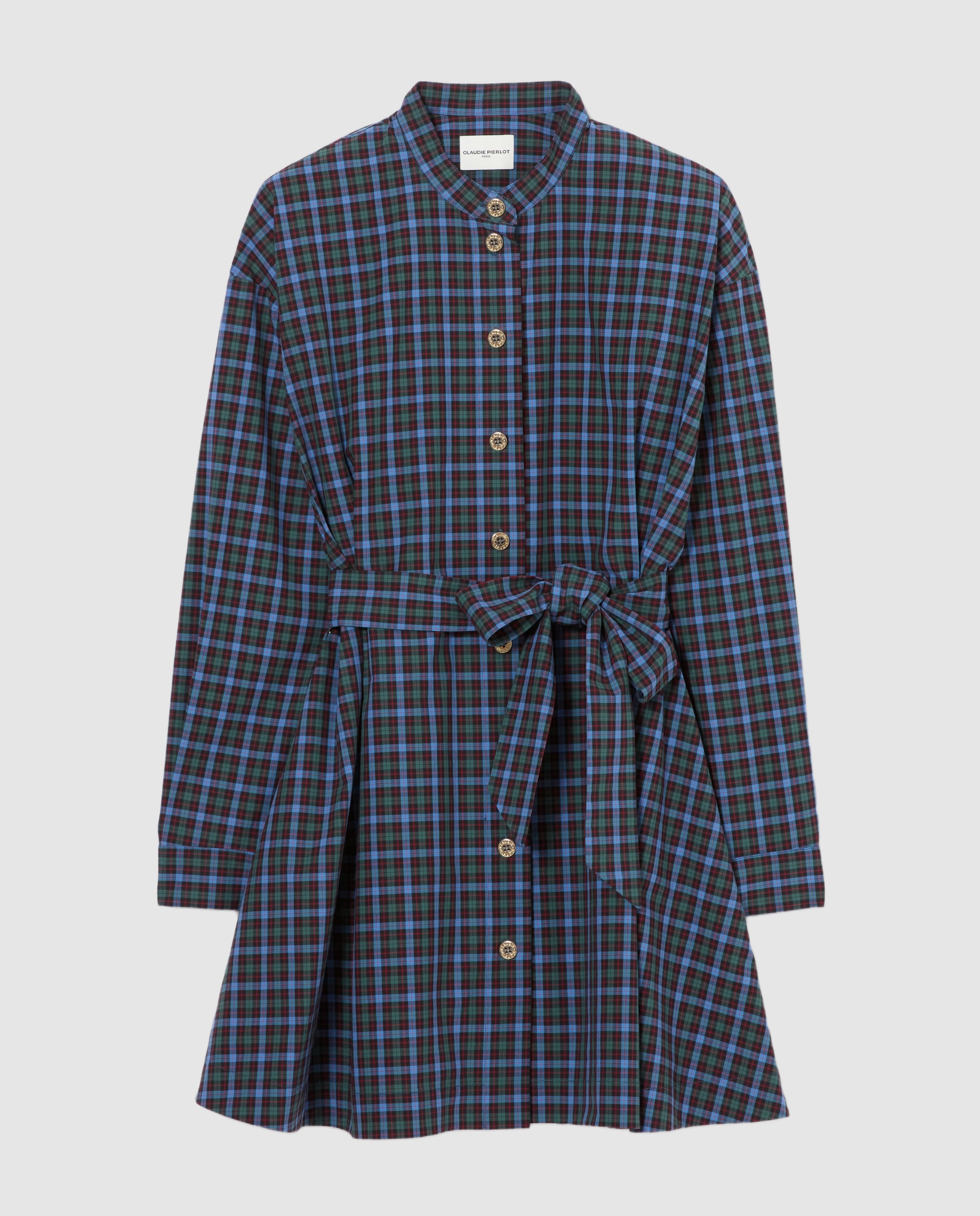 Vestido corto camisero de algodón a cuadros, cuello mao y cinturón desmontable - Claudie Pierlot - Multicolor Multicolor-7
