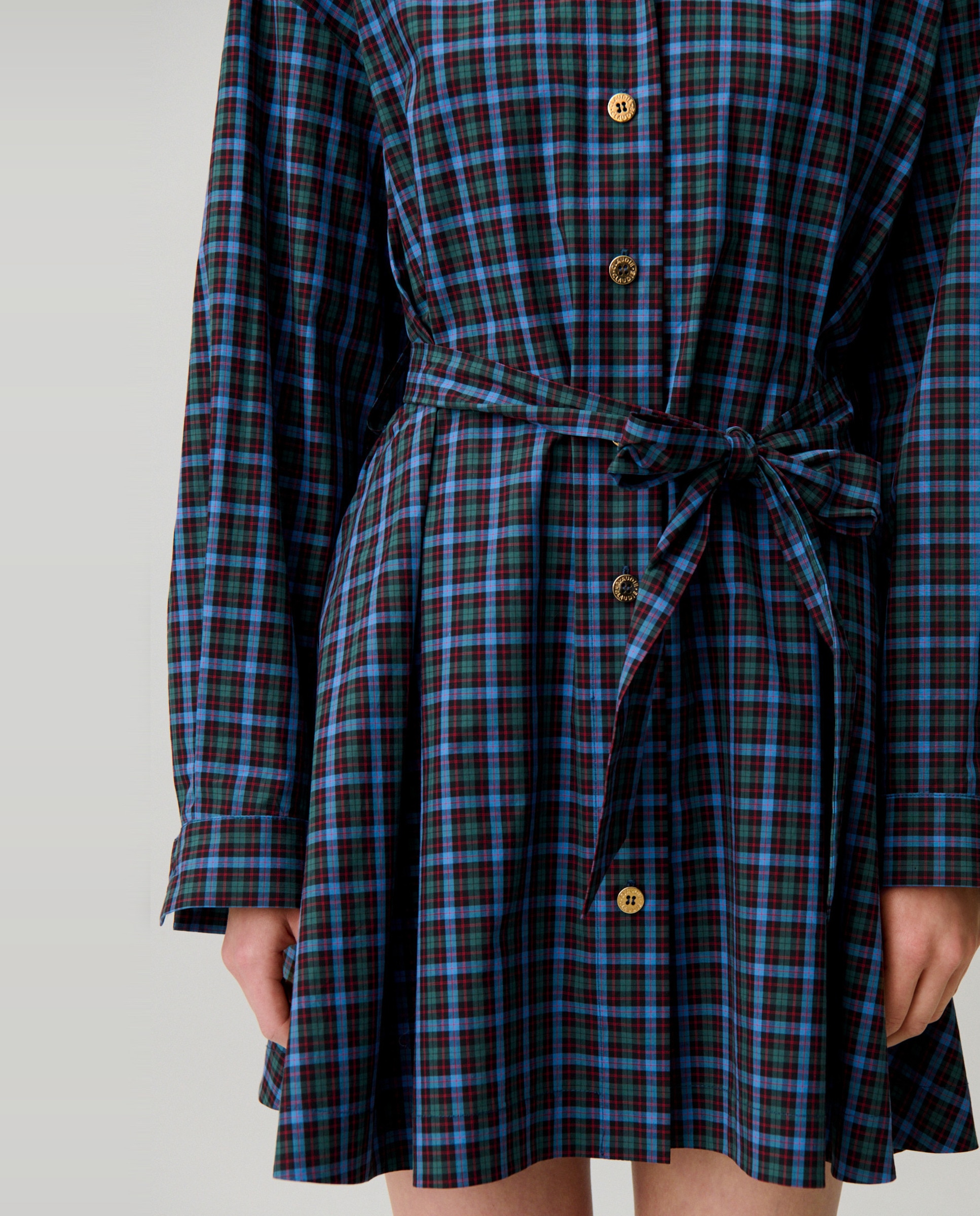 Vestido corto camisero de algodón a cuadros, cuello mao y cinturón desmontable - Claudie Pierlot - Multicolor Multicolor-5
