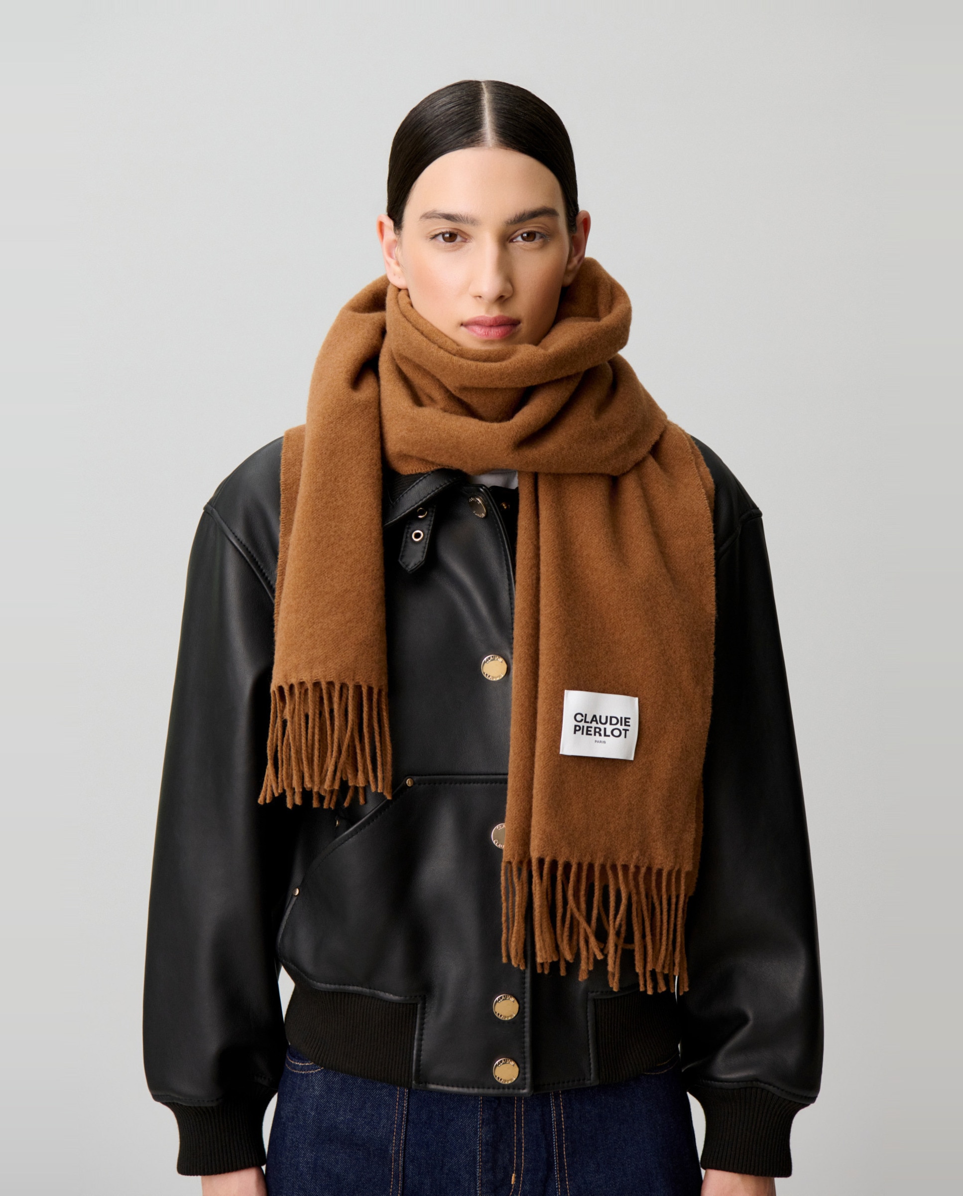 Maxi bufanda de mujer ancha con flecos - Claudie Pierlot - Marrón Marrón-2