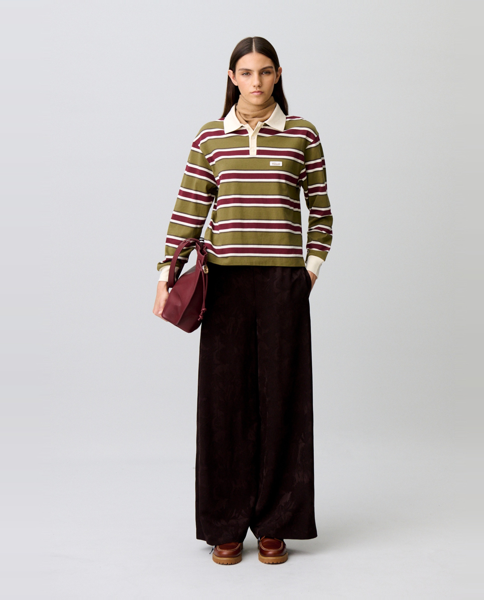 Imagen 0 de Pantalones anchos de mujer fluidos de jacquard floral Marrón oscuro