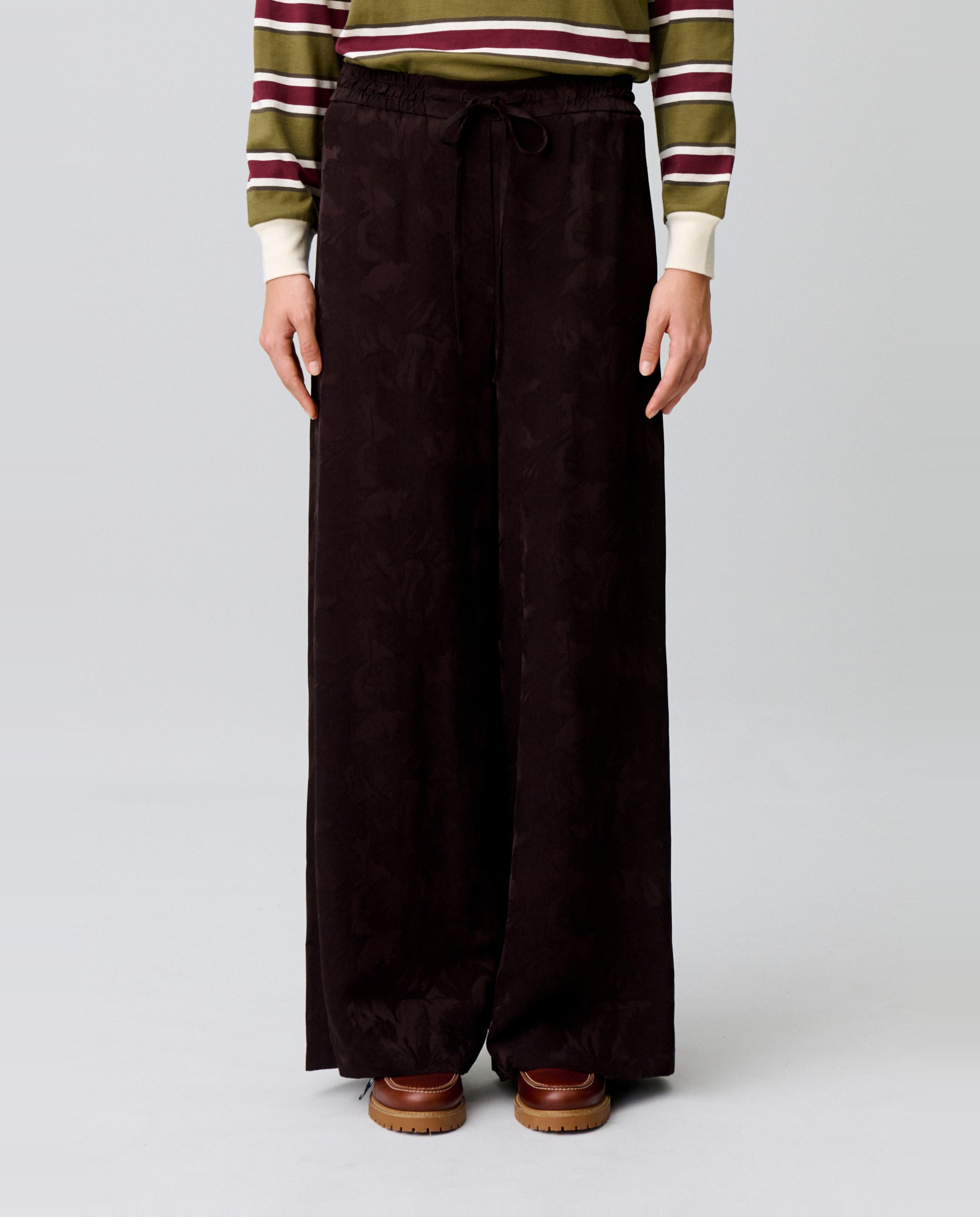 Pantalones anchos de mujer fluidos de jacquard floral - Claudie Pierlot - Marrón oscuro Marrón oscuro-2