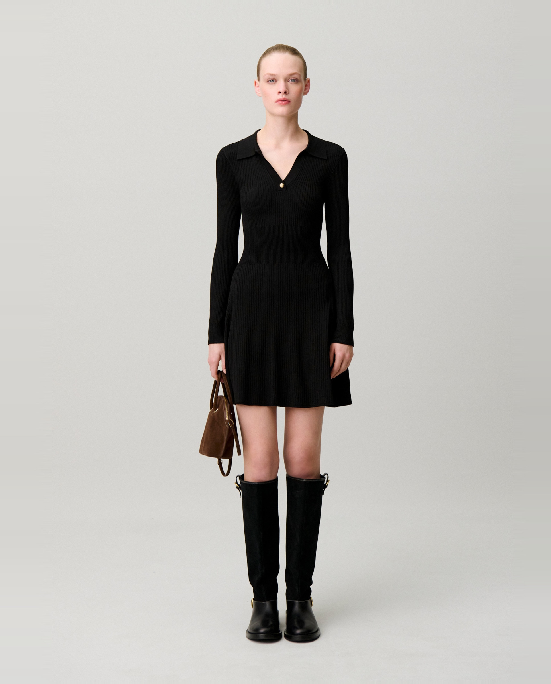 Vestido corto de manga larga de canalé - Claudie Pierlot - Negro Negro-1