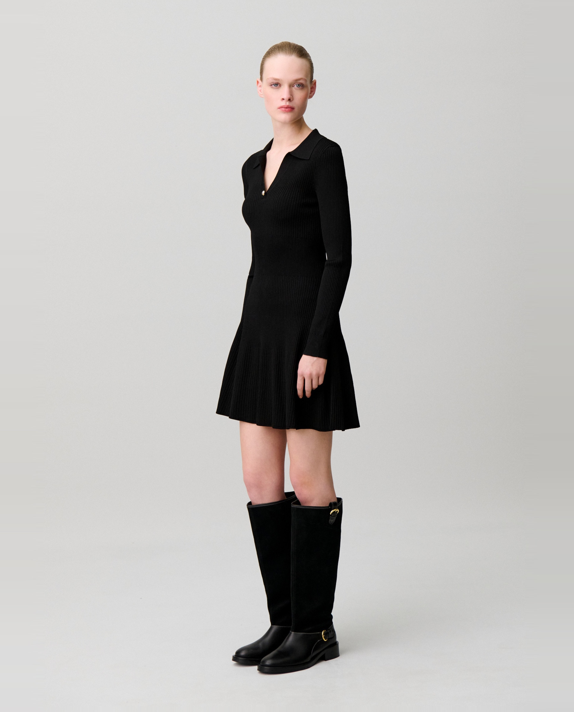 Vestido corto de manga larga de canalé - Claudie Pierlot - Negro Negro-2