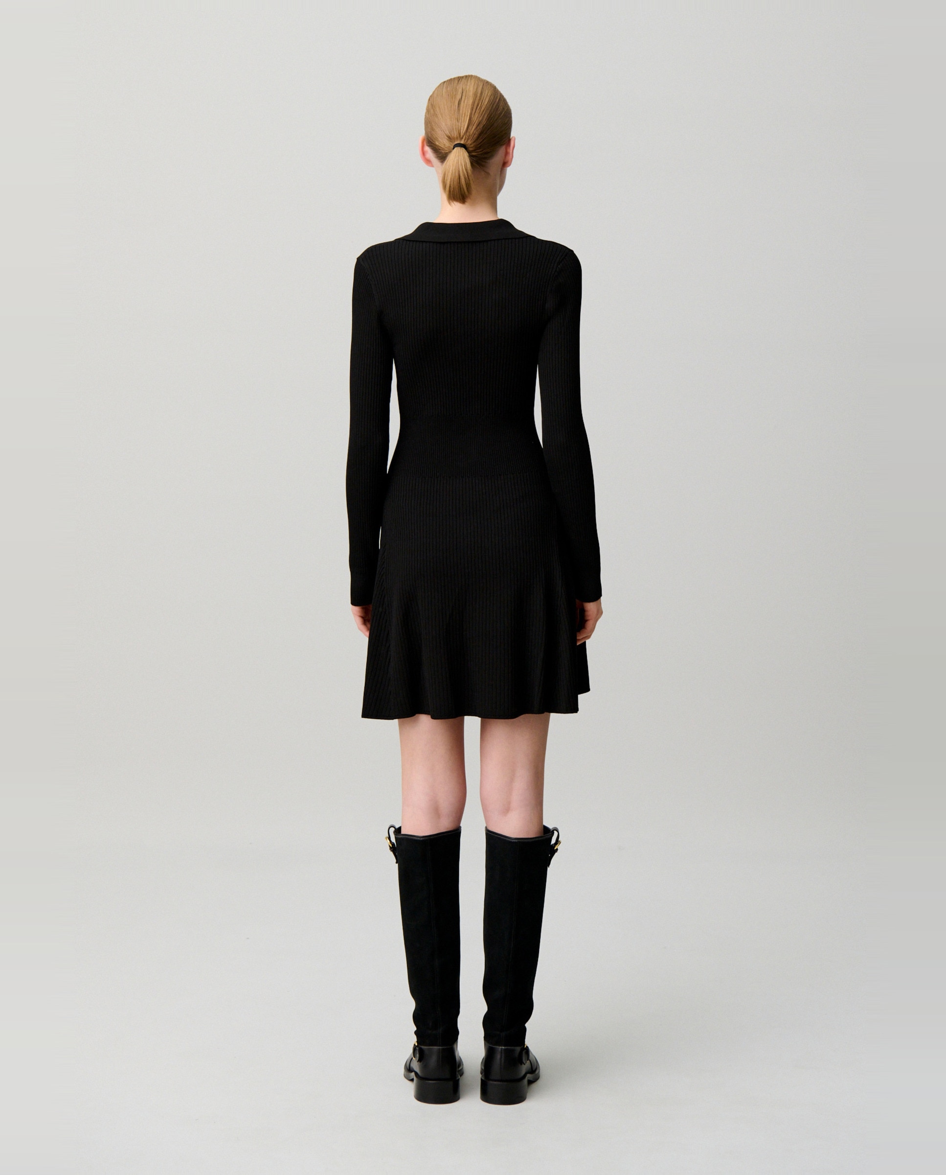 Vestido corto de manga larga de canalé - Claudie Pierlot - Negro Negro-3