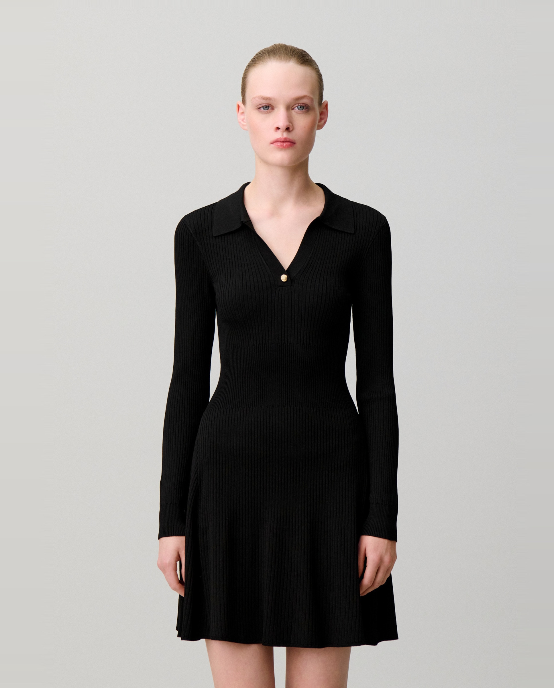 Vestido corto de manga larga de canalé - Claudie Pierlot - Negro Negro-5