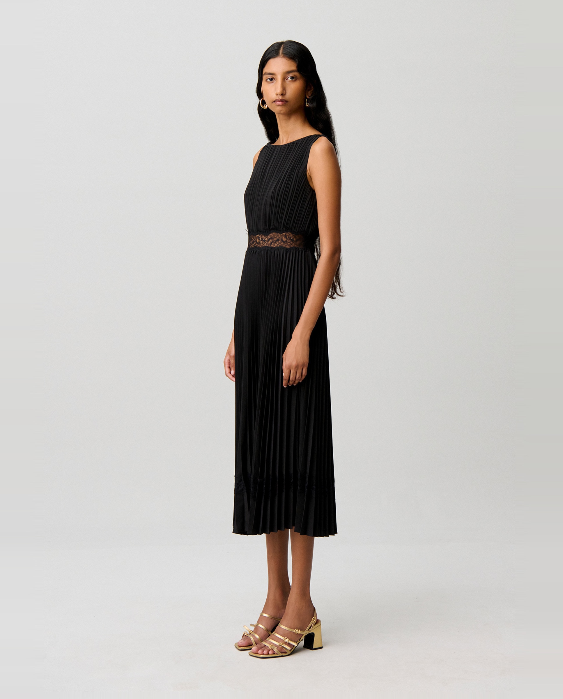 Vestido midi satinado plisado - Claudie Pierlot - Negro Negro-2