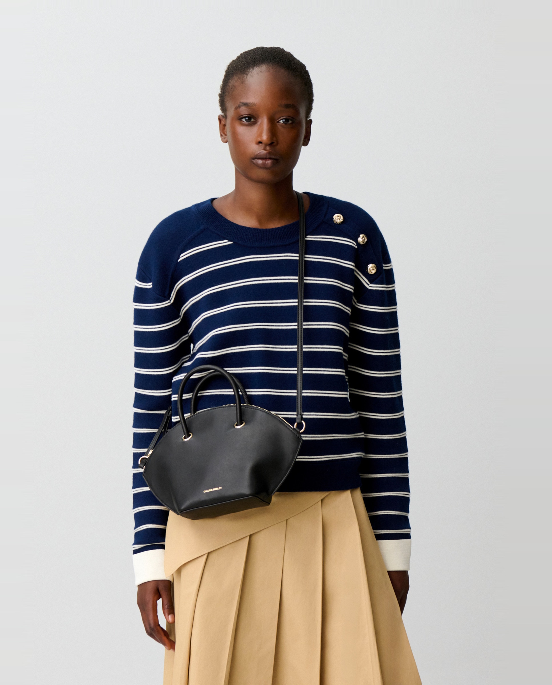 Bolso de mano de piel lisa multiposición con cierre de cremallera y anillas doradas - Claudie Pierlot - Negro Negro-2