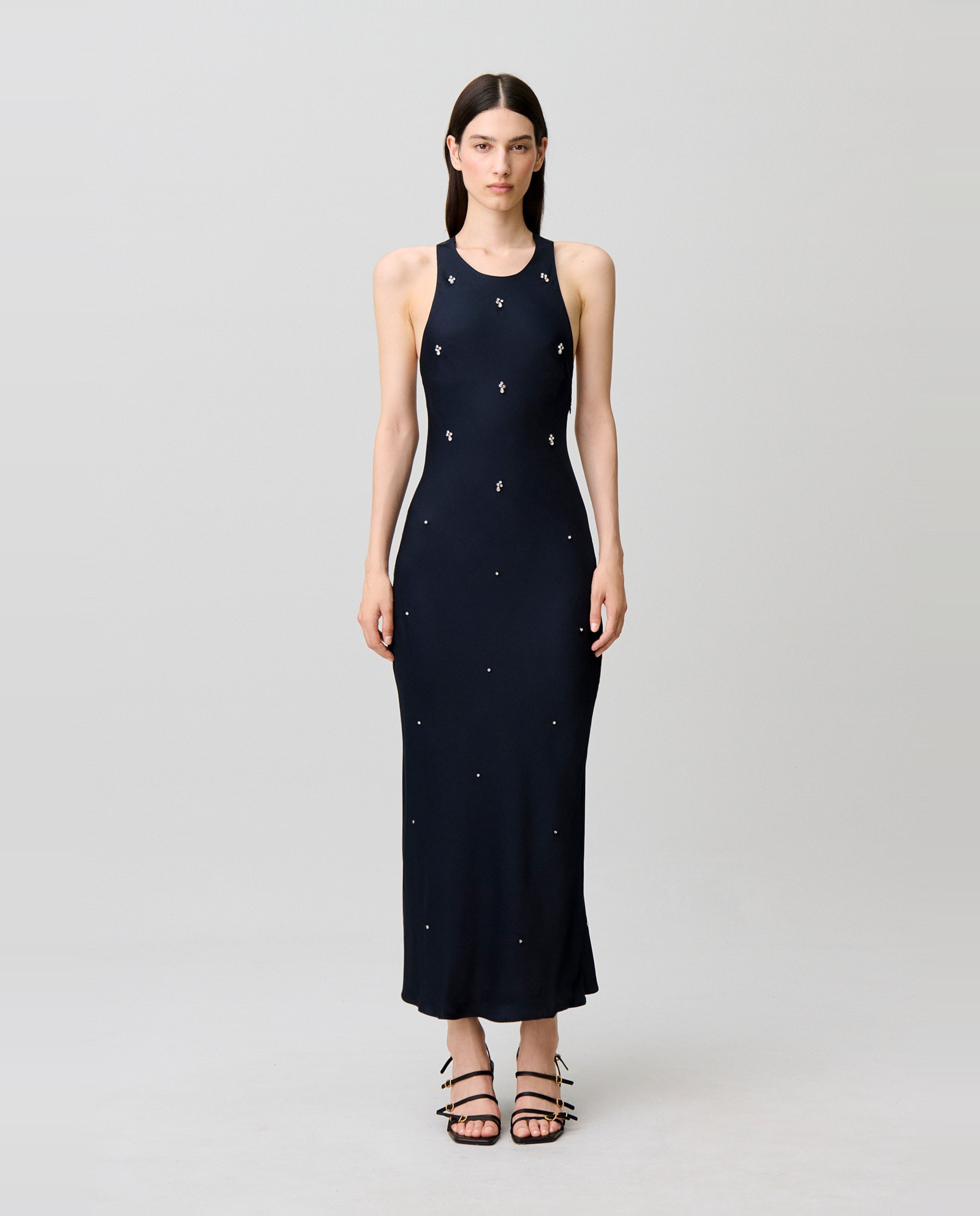Vestido largo de satén con bordados de perlas y strass - Claudie Pierlot - Azul marino Azul marino-1