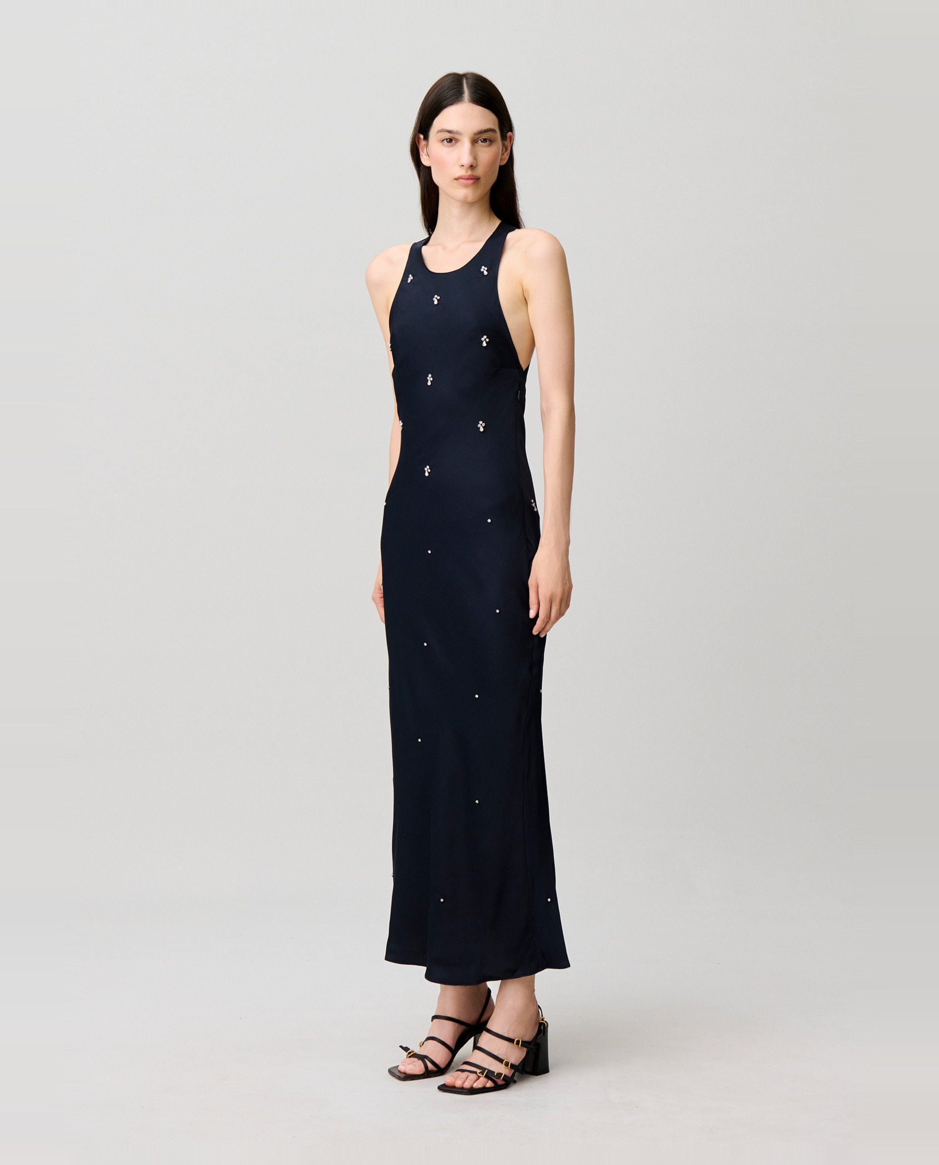 Vestido largo de satén con bordados de perlas y strass - Claudie Pierlot - Azul marino Azul marino-2