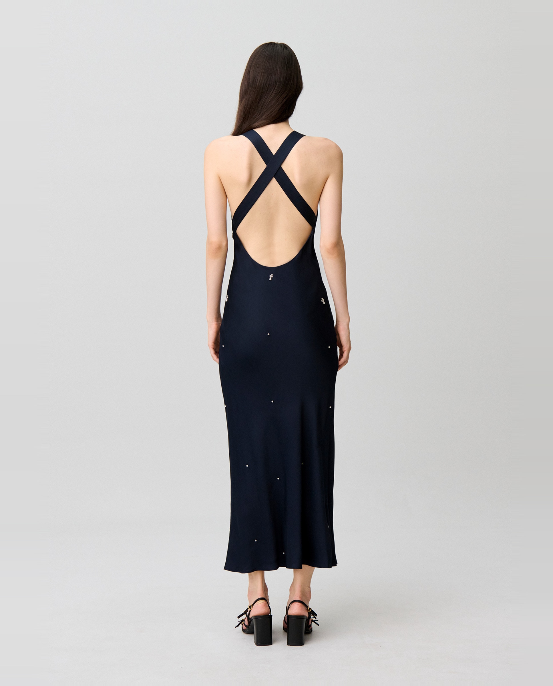 Vestido largo de satén con bordados de perlas y strass - Claudie Pierlot - Azul marino Azul marino-3
