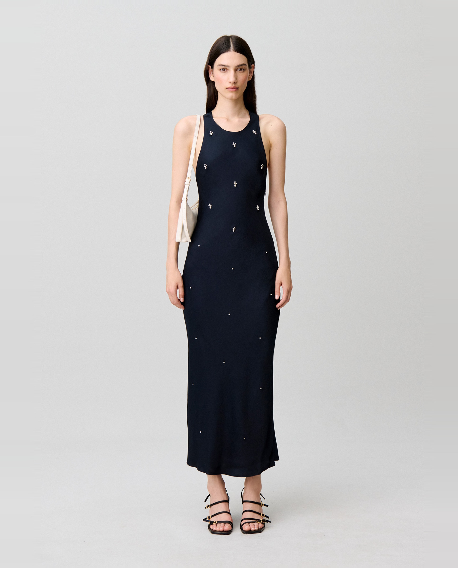 Vestido largo de satén con bordados de perlas y strass - Claudie Pierlot - Azul marino Azul marino-5