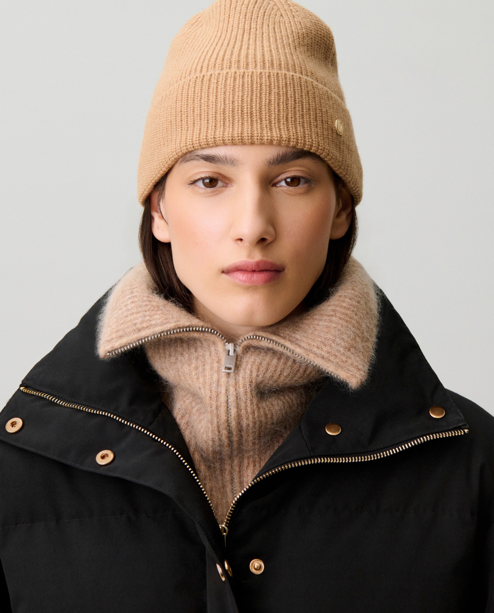 Gorro de mujer de punto de lana y cachemira de canalé grueso con vuelta - Claudie Pierlot - Beige Beige-2