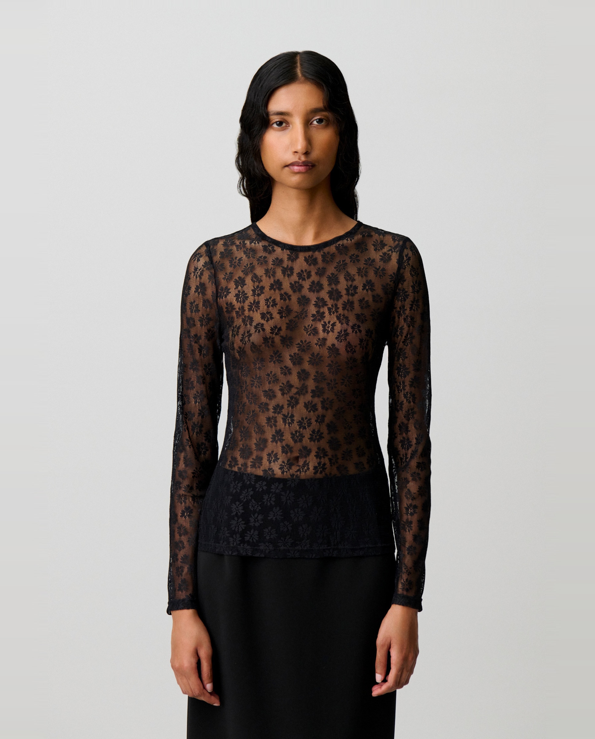 Camiseta de mujer ajustada de encaje manga larga - Claudie Pierlot - Negro Negro-1