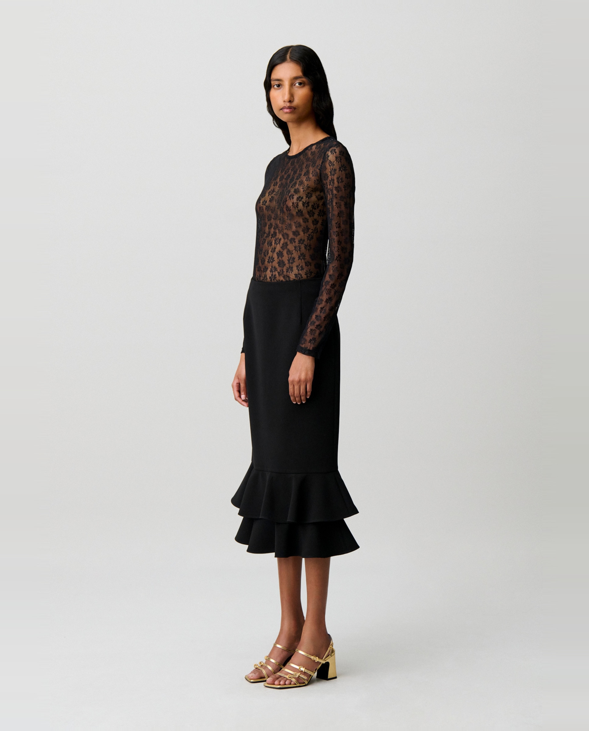 Camiseta de mujer ajustada de encaje manga larga - Claudie Pierlot - Negro Negro-3