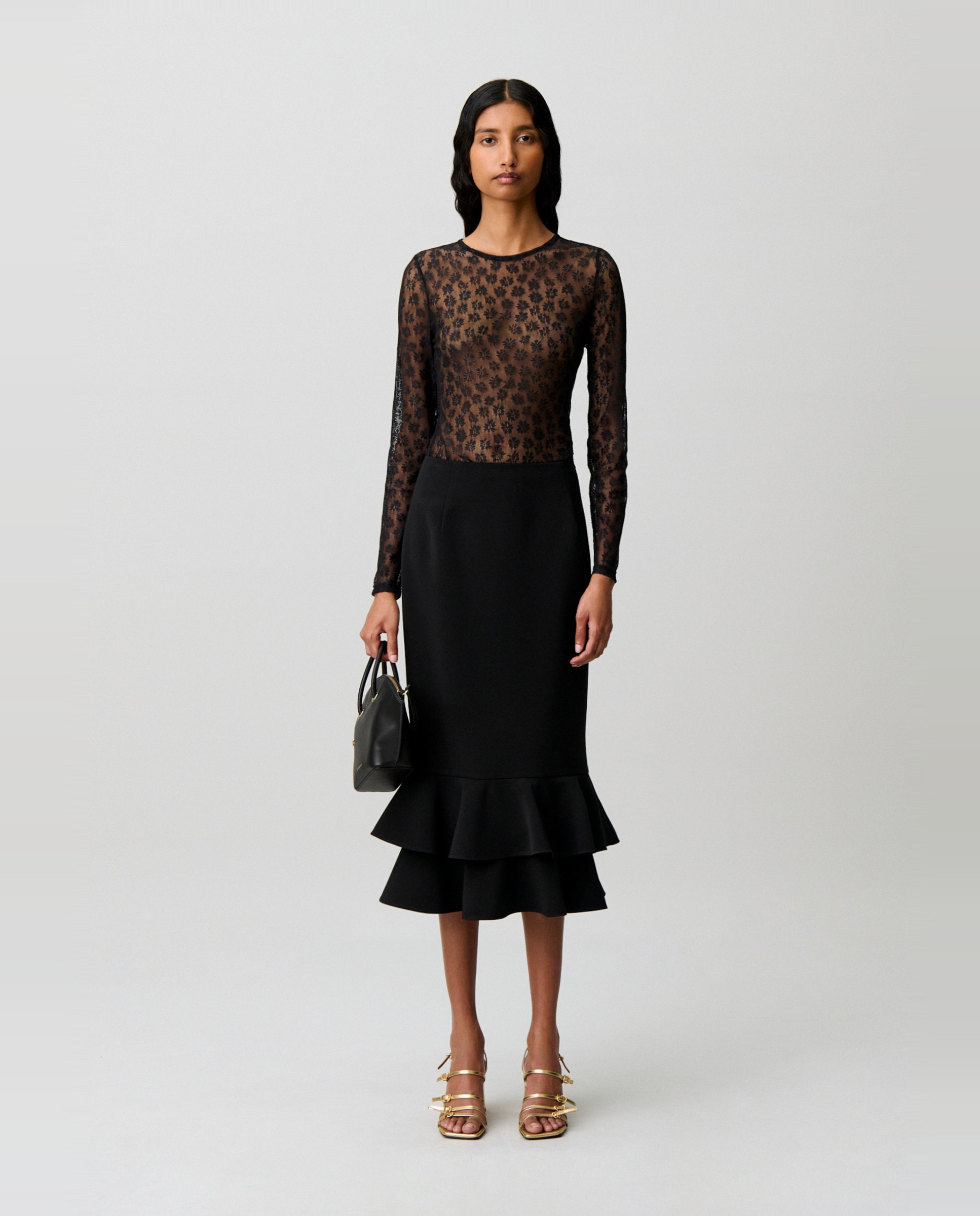 Camiseta de mujer ajustada de encaje manga larga - Claudie Pierlot - Negro Negro-4