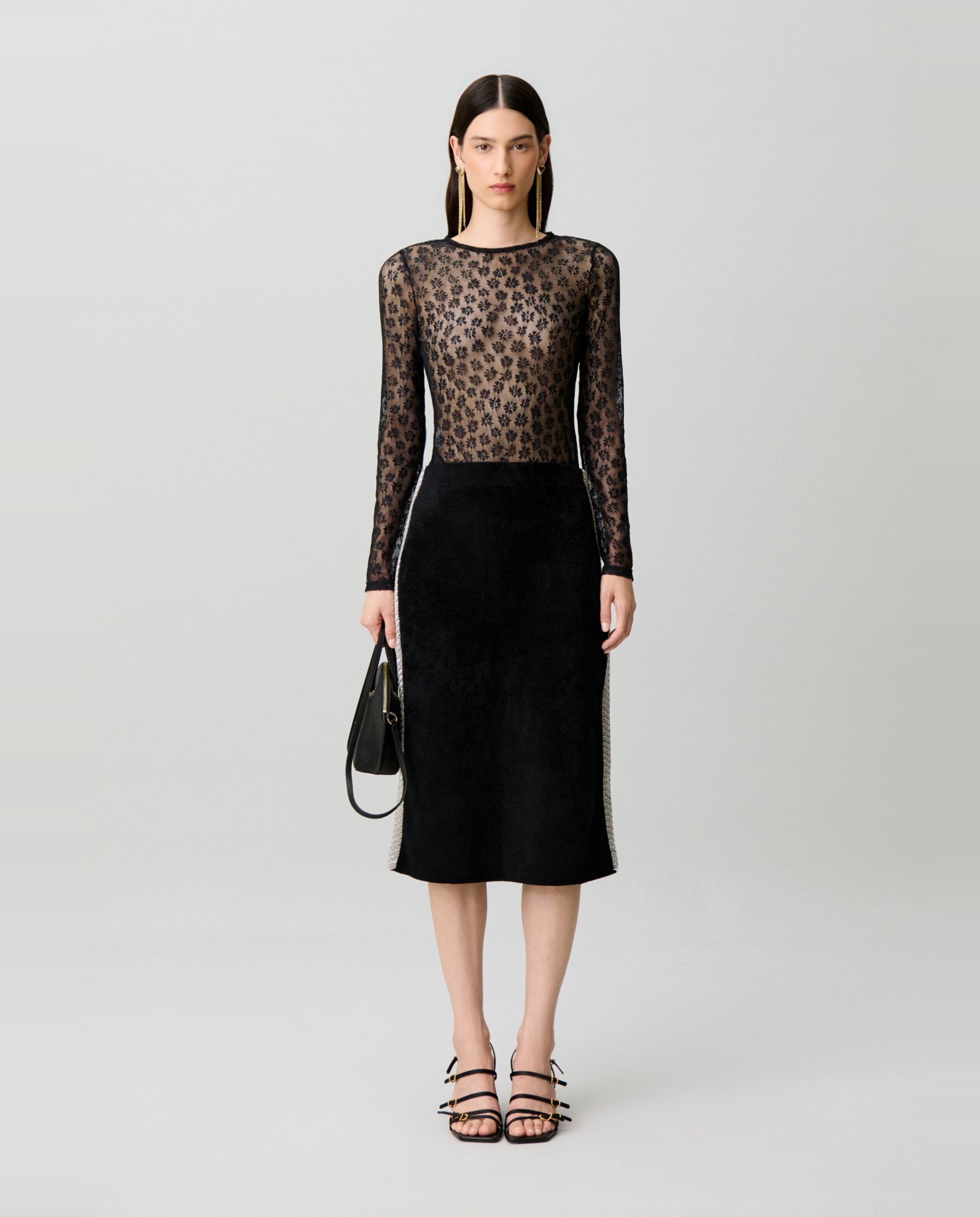Falda midi recta de punto terciopelo y cintura alta - Claudie Pierlot - Negro Negro-1