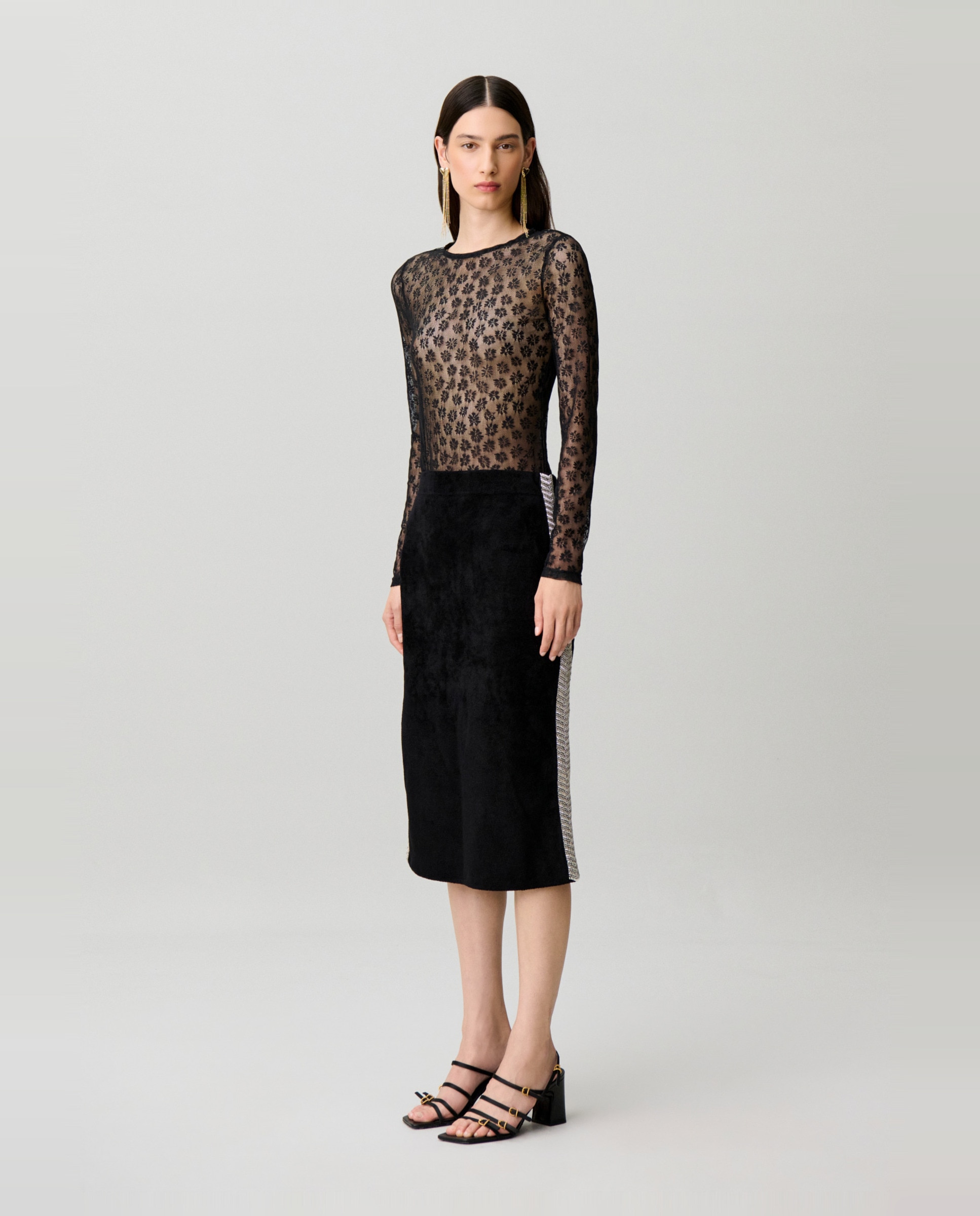 Falda midi recta de punto terciopelo y cintura alta - Claudie Pierlot - Negro Negro-4