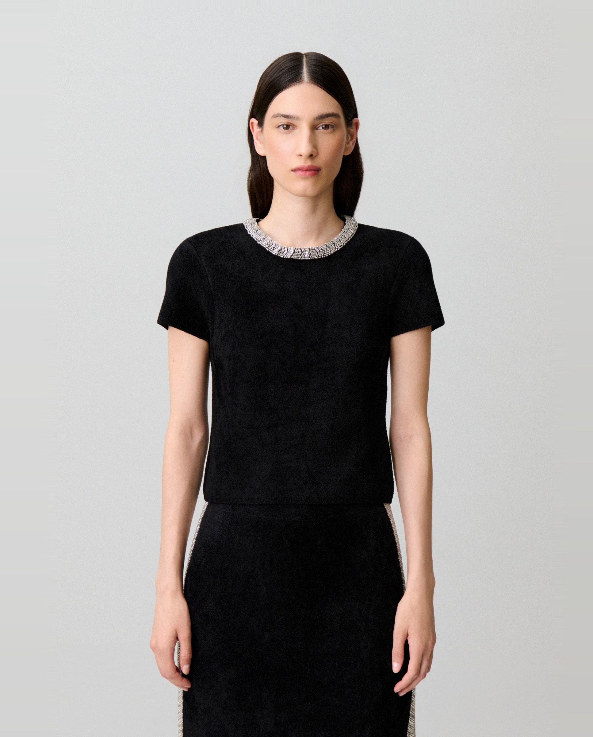 Top de mujer corto efecto terciopelo con perlas - Claudie Pierlot - Negro Negro-1