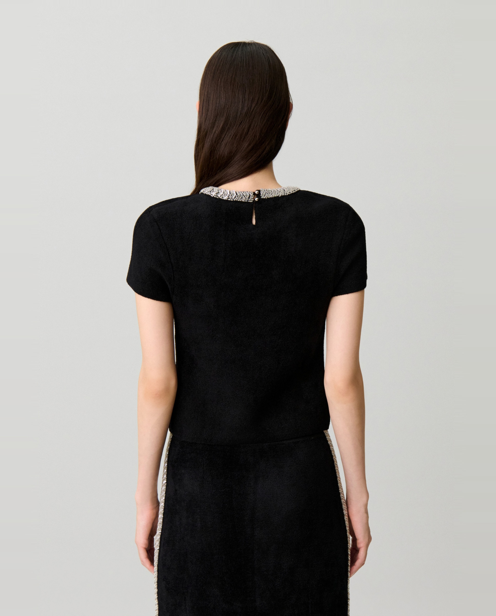 Top de mujer corto efecto terciopelo con perlas - Claudie Pierlot - Negro Negro-2