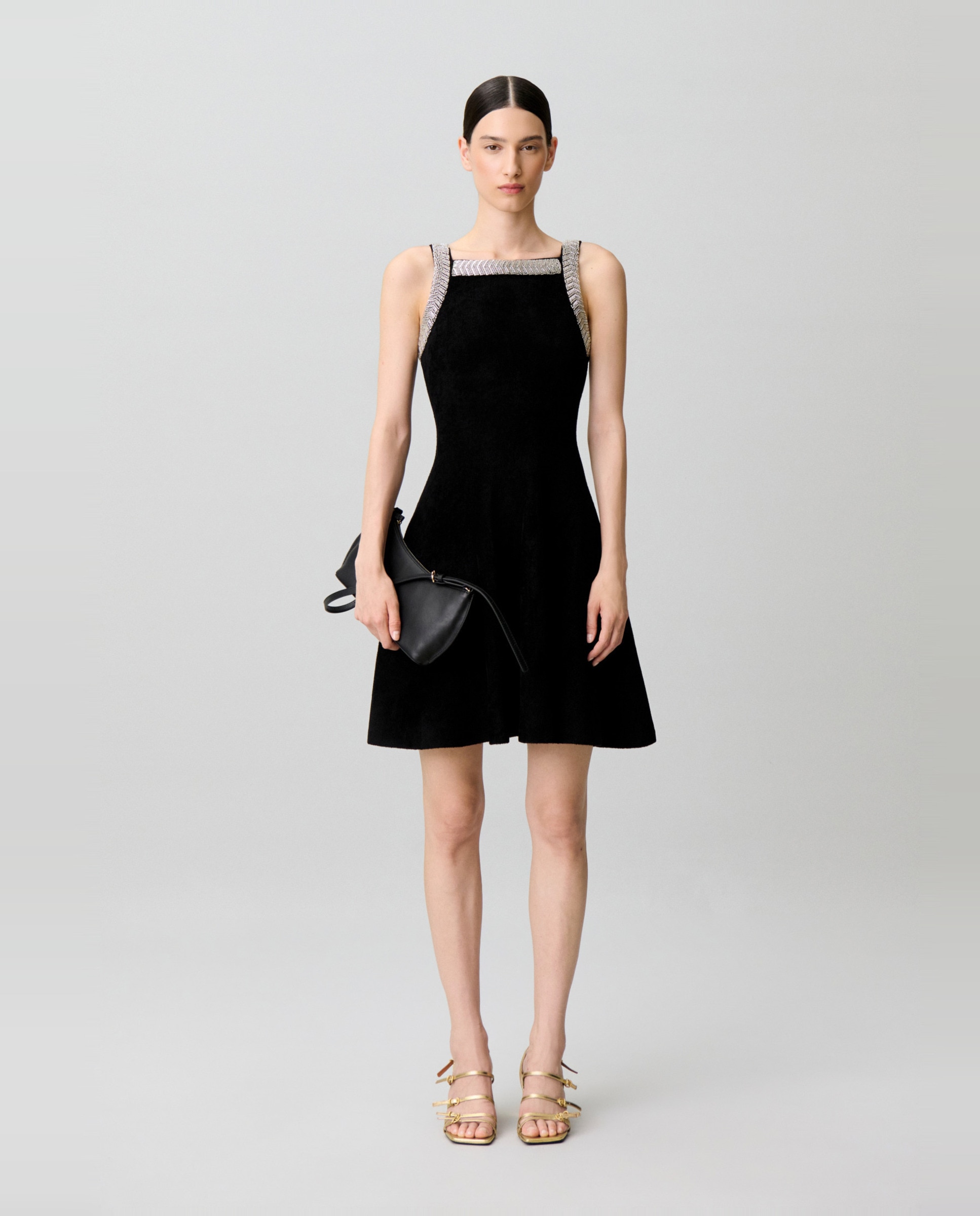 Vestido corto evasé sin mangas de terciopelo con perlas - Claudie Pierlot - Negro Negro-1