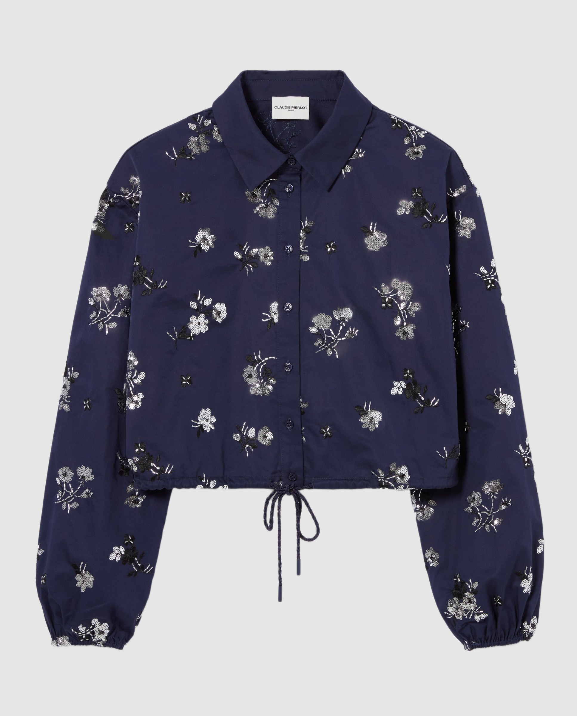 Camisa corta de mujer con bordado floral y mangas abullonadas - Claudie Pierlot - Azul marino Azul marino-7