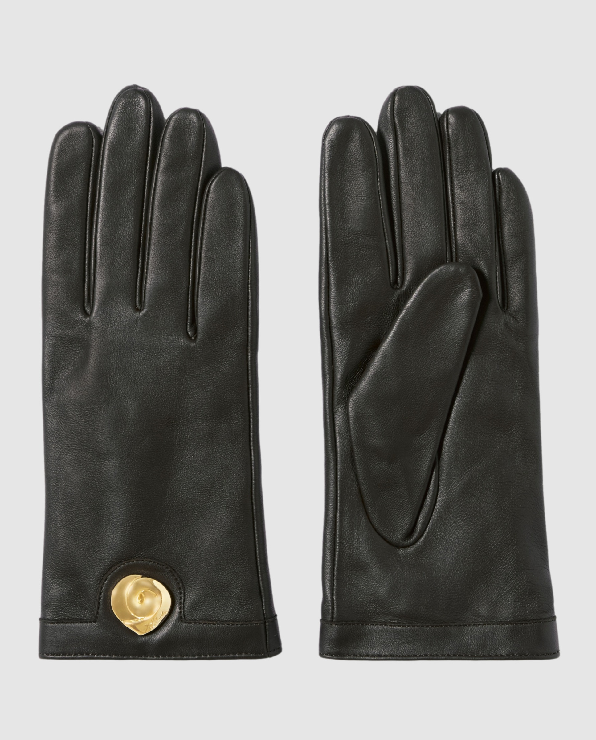 Imagen 1 de Guantes de piel lisa para mujer con joya dorada Negro