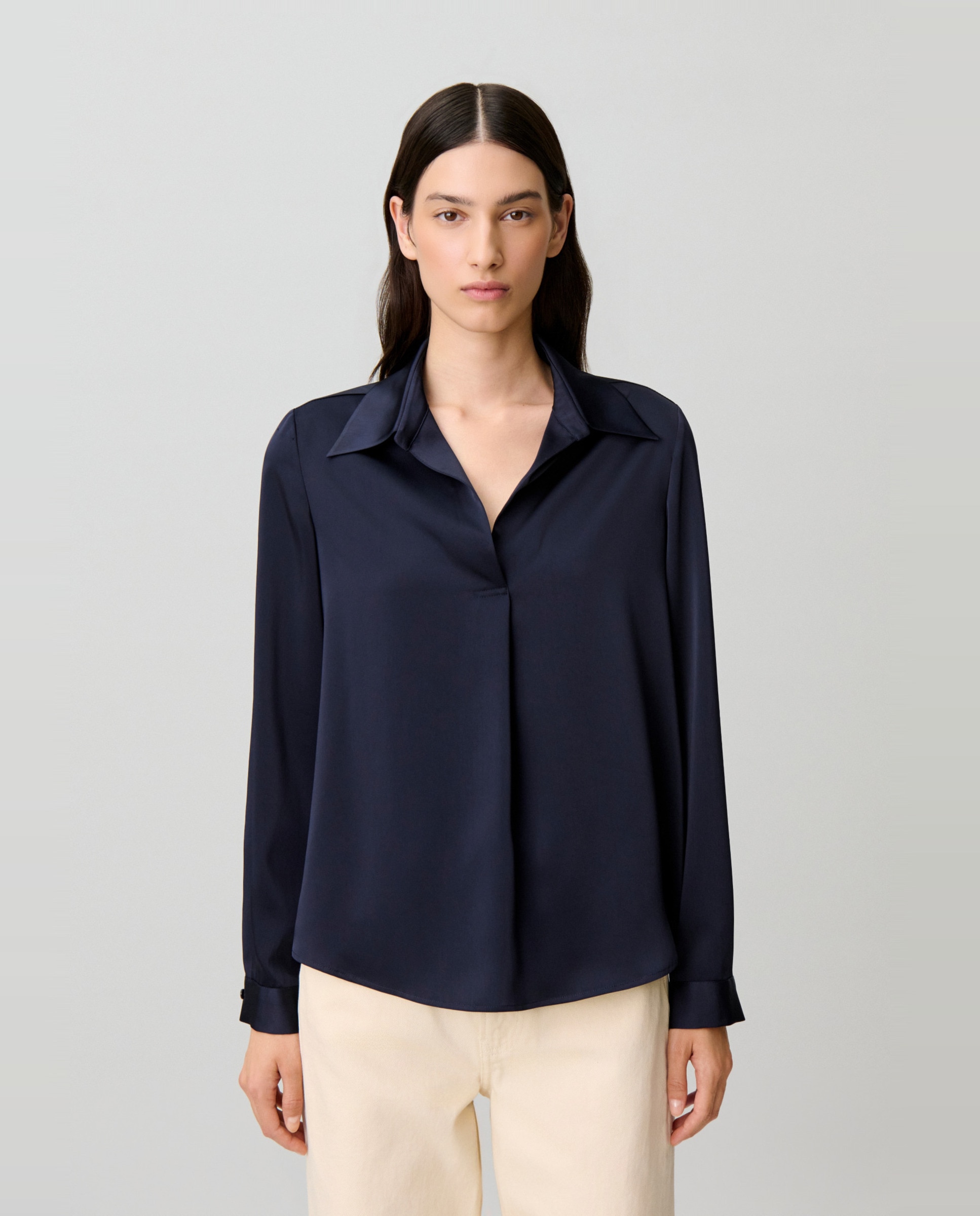 Blusa de mujer recta fluida con mangas abullonadas y pliegues - Claudie Pierlot - Azul marino Azul marino-1