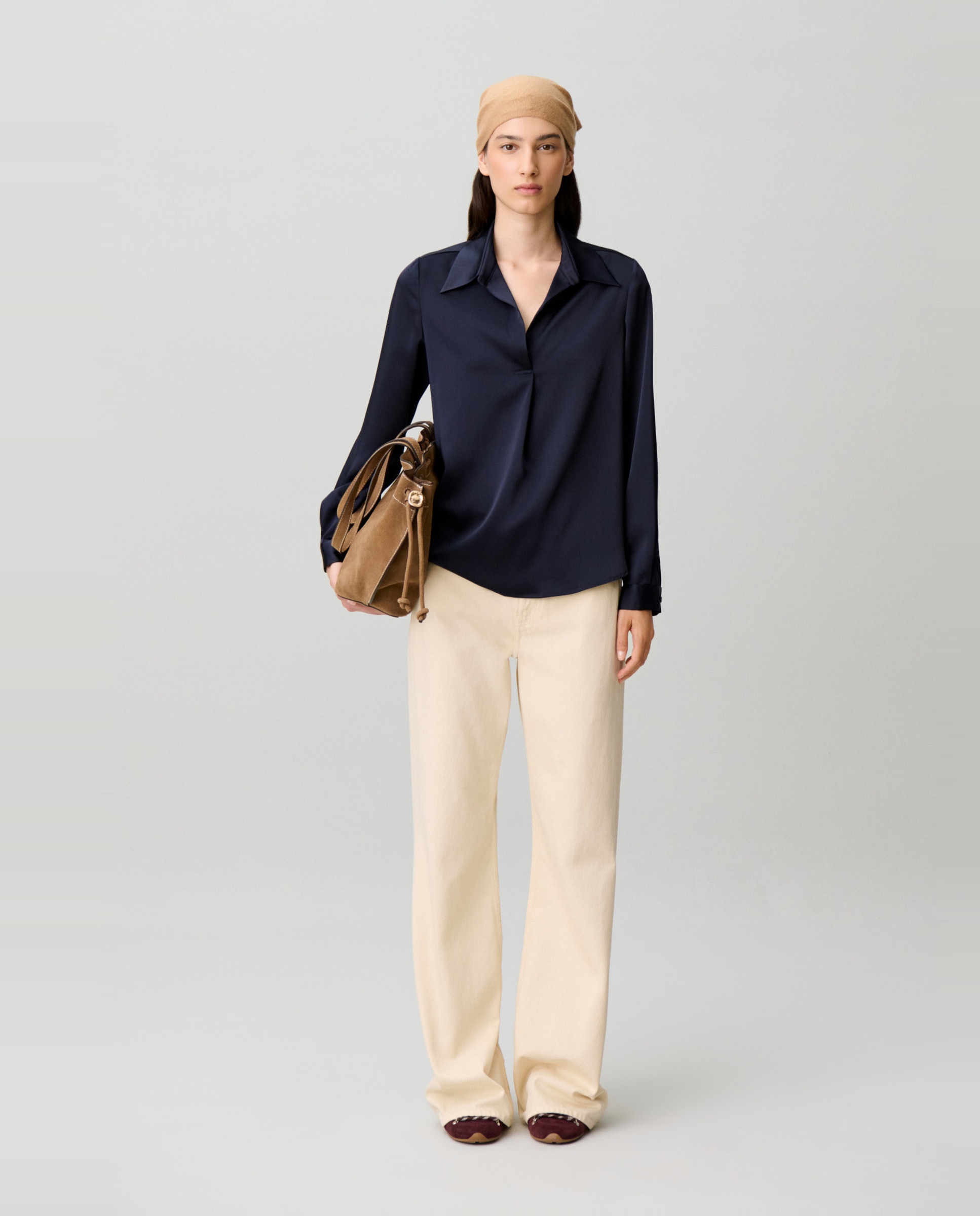 Blusa de mujer recta fluida con mangas abullonadas y pliegues - Claudie Pierlot - Azul marino Azul marino-3