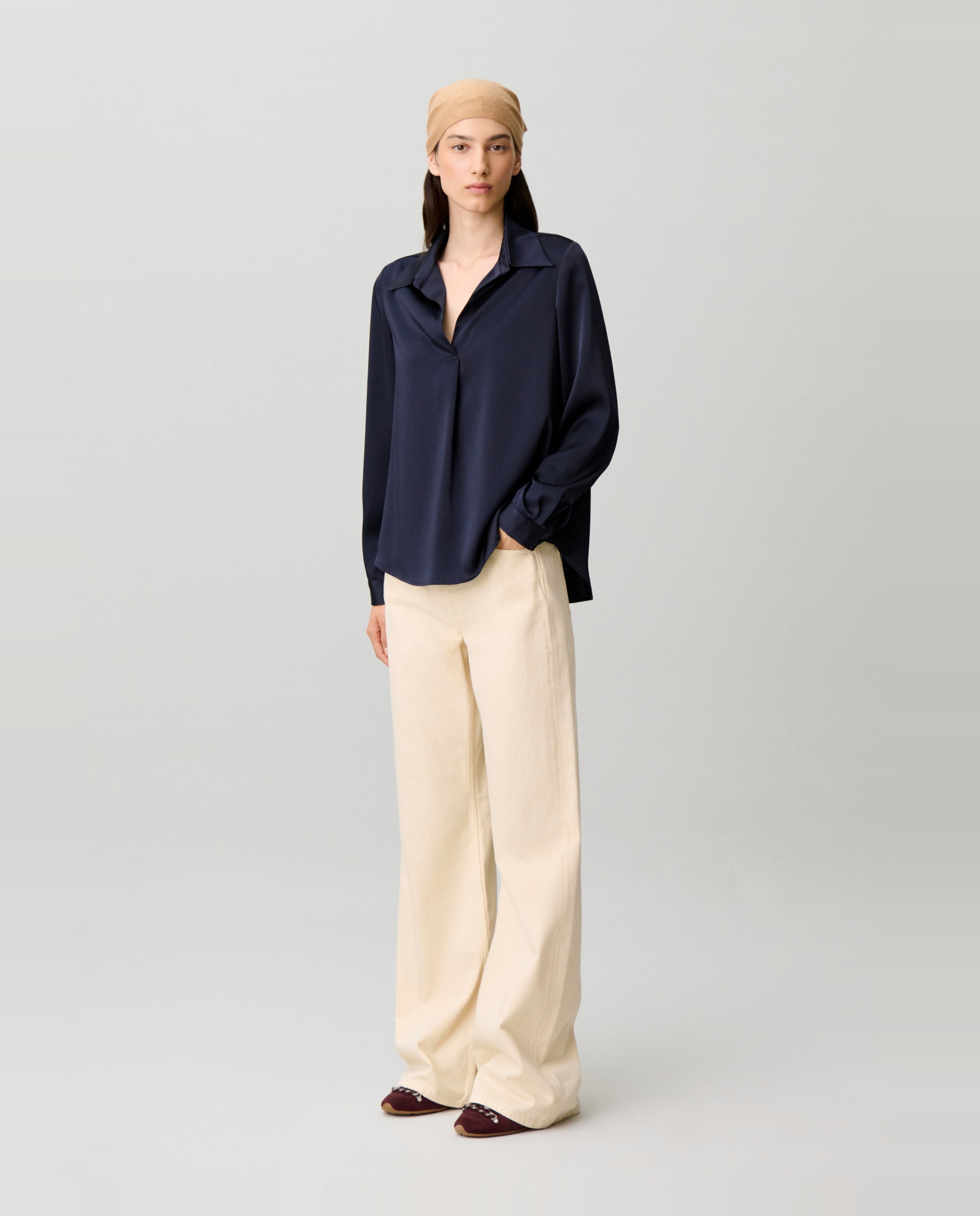 Blusa de mujer recta fluida con mangas abullonadas y pliegues - Claudie Pierlot - Azul marino Azul marino-4