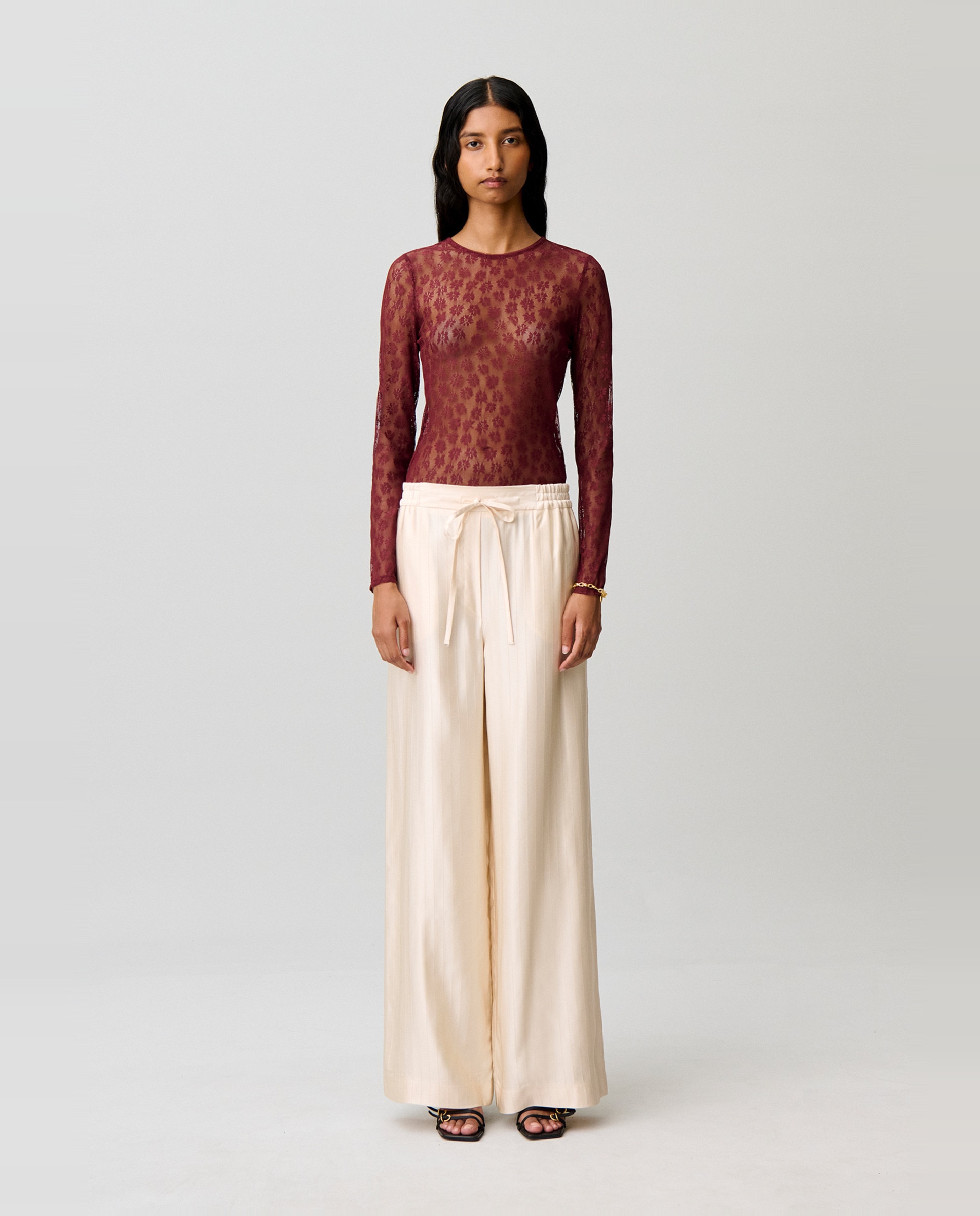 Pantalones anchos de mujer fluidos con rayas satinadas - Claudie Pierlot - Beige Beige-1