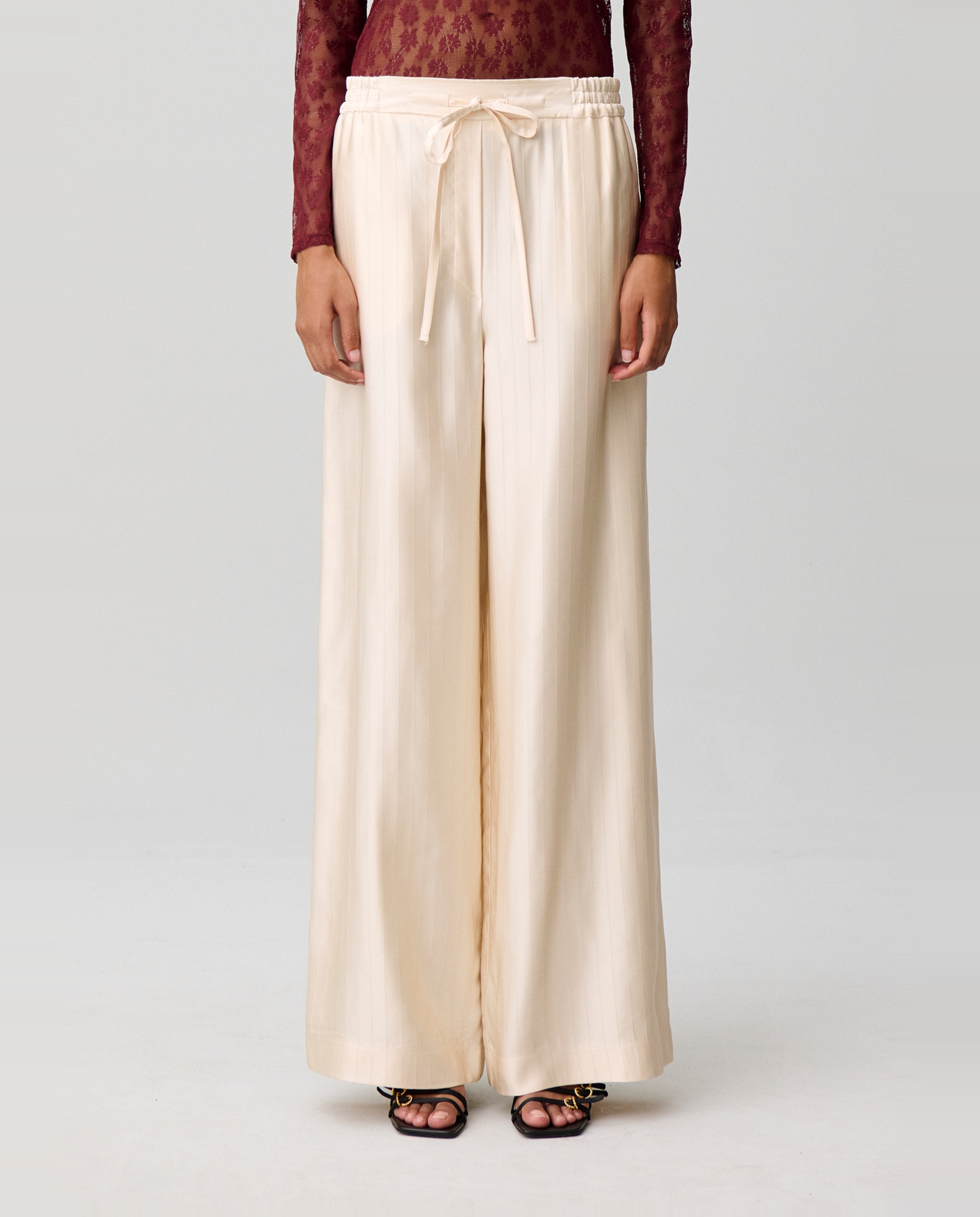 Pantalones anchos de mujer fluidos con rayas satinadas - Claudie Pierlot - Beige Beige-2