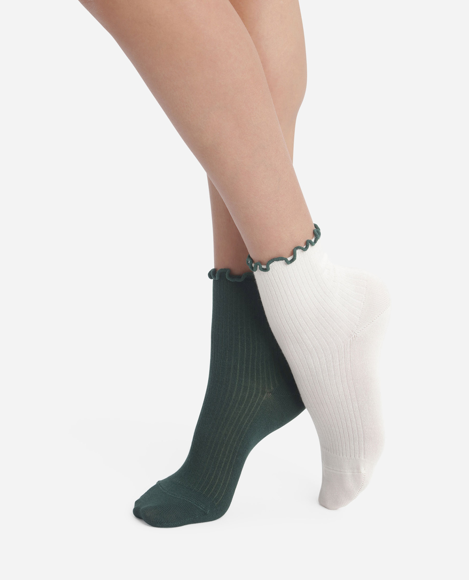 Pack de 2 calcetines tobillero de mujer algodón modal - Dim - Blanco / Verde Blanco / Verde-1