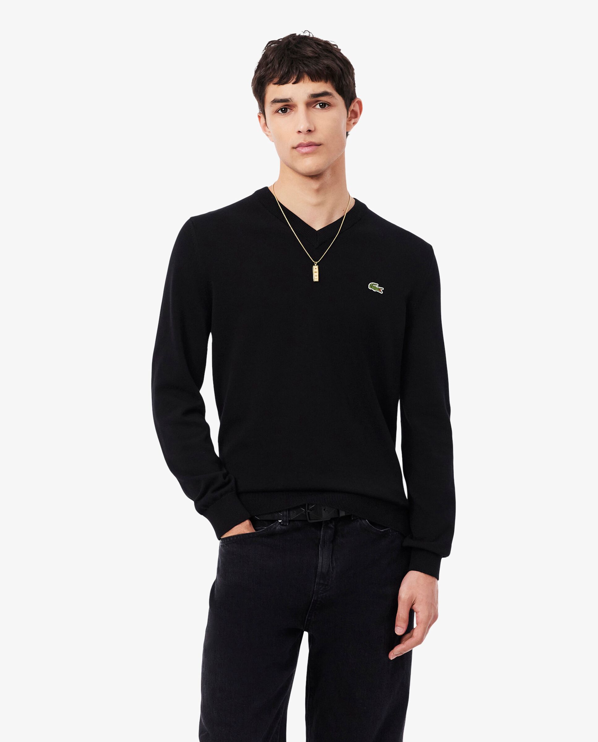 Jersey de hombre de cuello de pico de algodón monocolor - Lacoste - Negro Negro-1