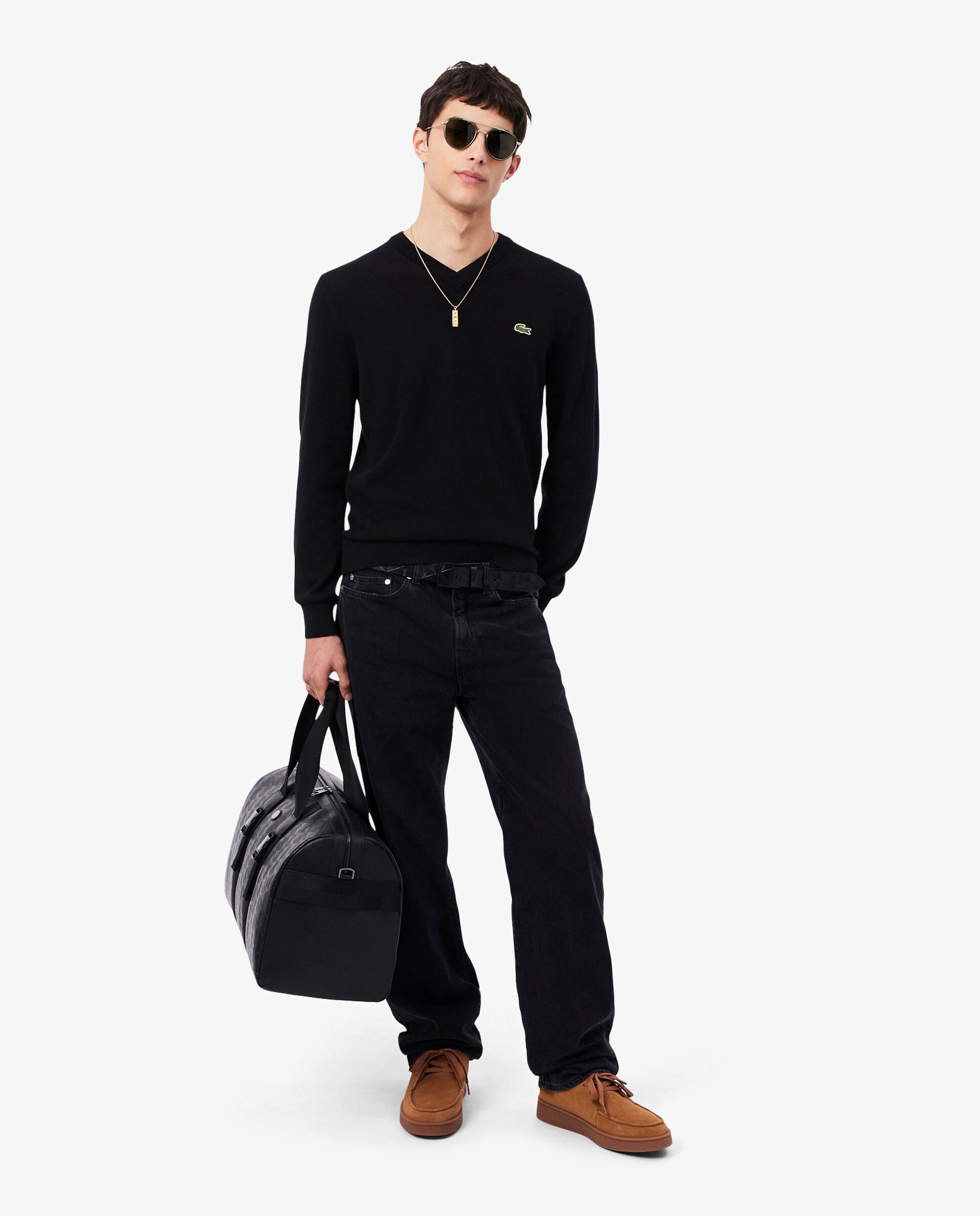 Jersey de hombre de cuello de pico de algodón monocolor - Lacoste - Negro Negro-4