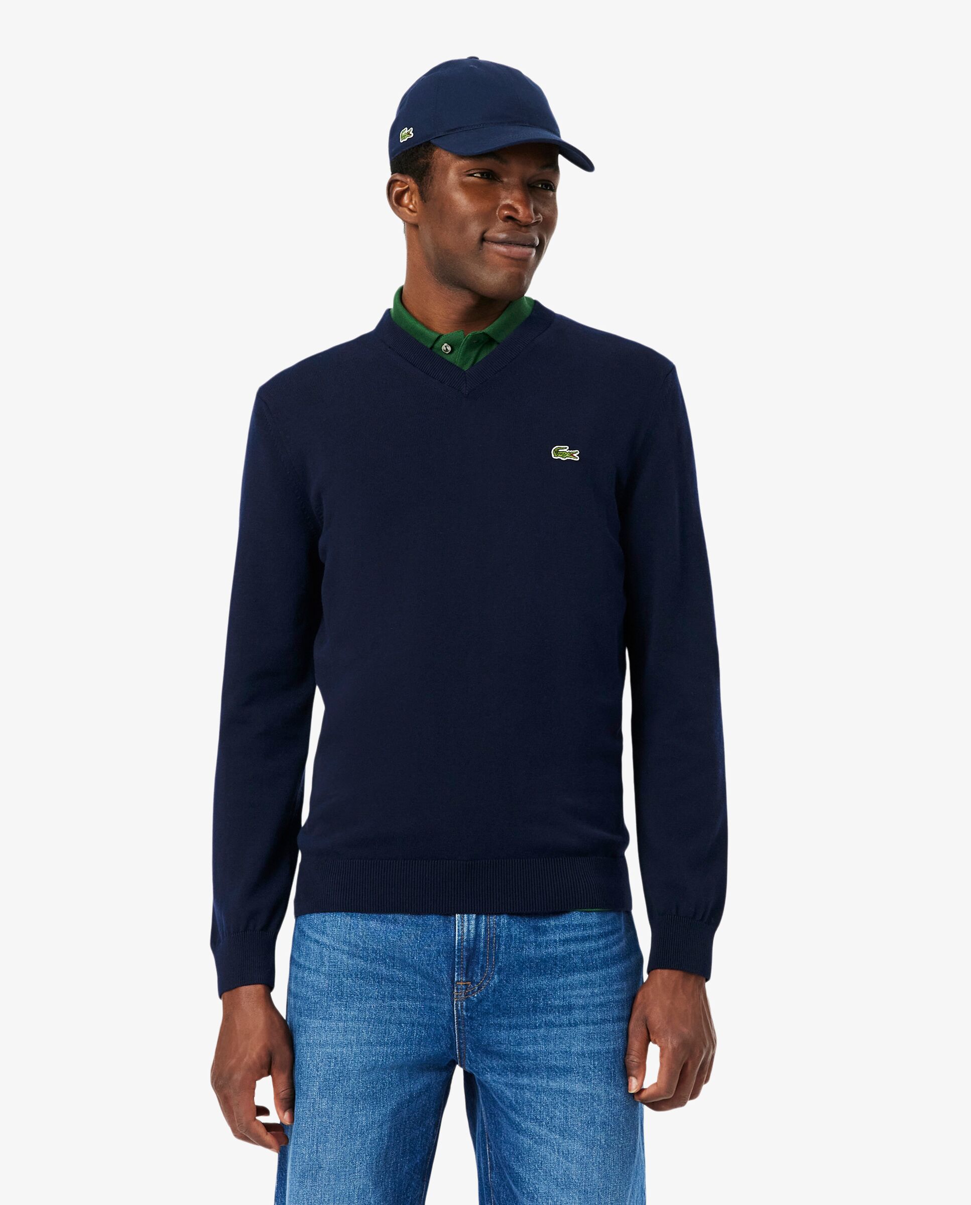 Imagen 0 de Jersey de hombre de cuello de pico de algodón monocolor Azul marino