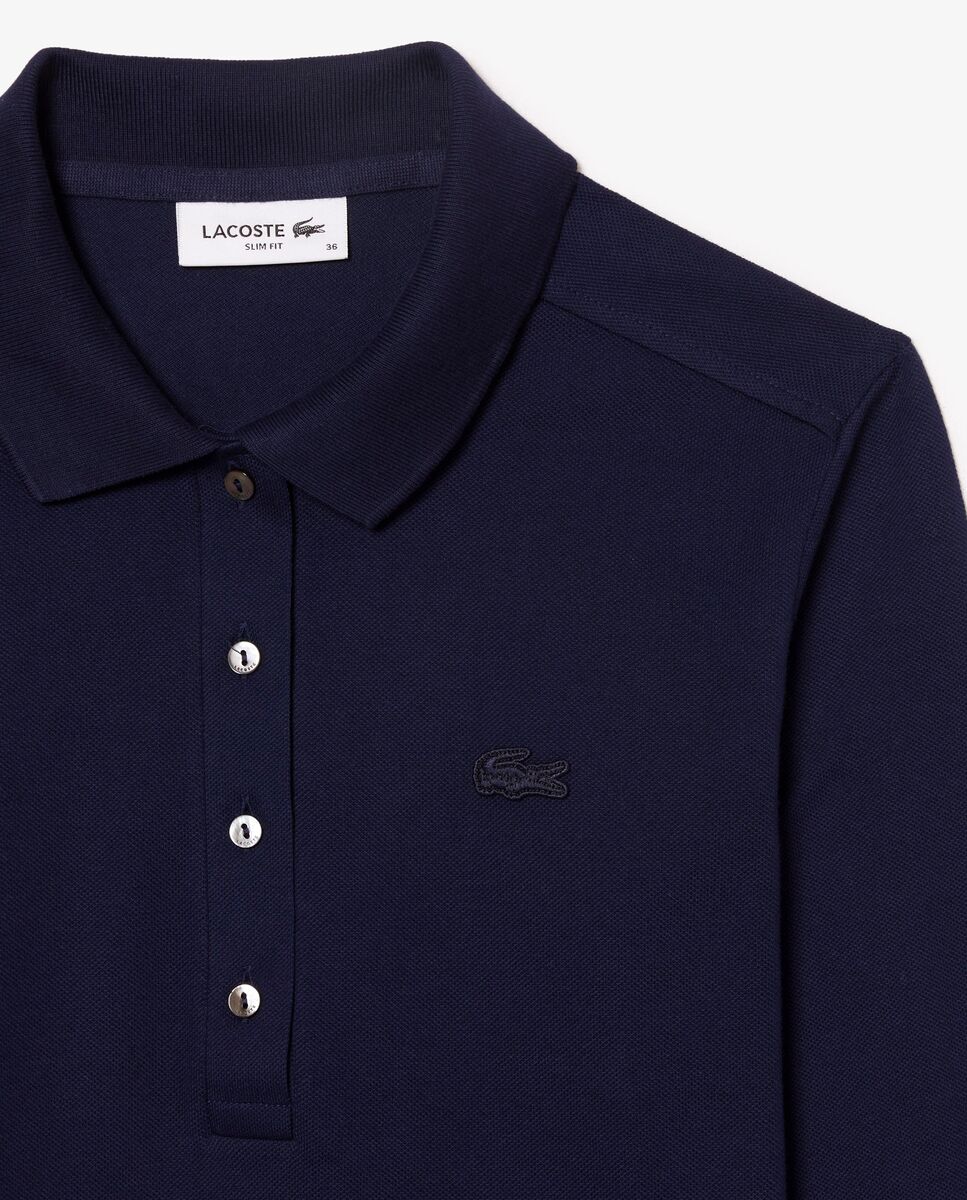 Polo de mujer de corte ajustado de minipiqué elástico de manga larga - Lacoste - Azul oscuro Azul oscuro-5