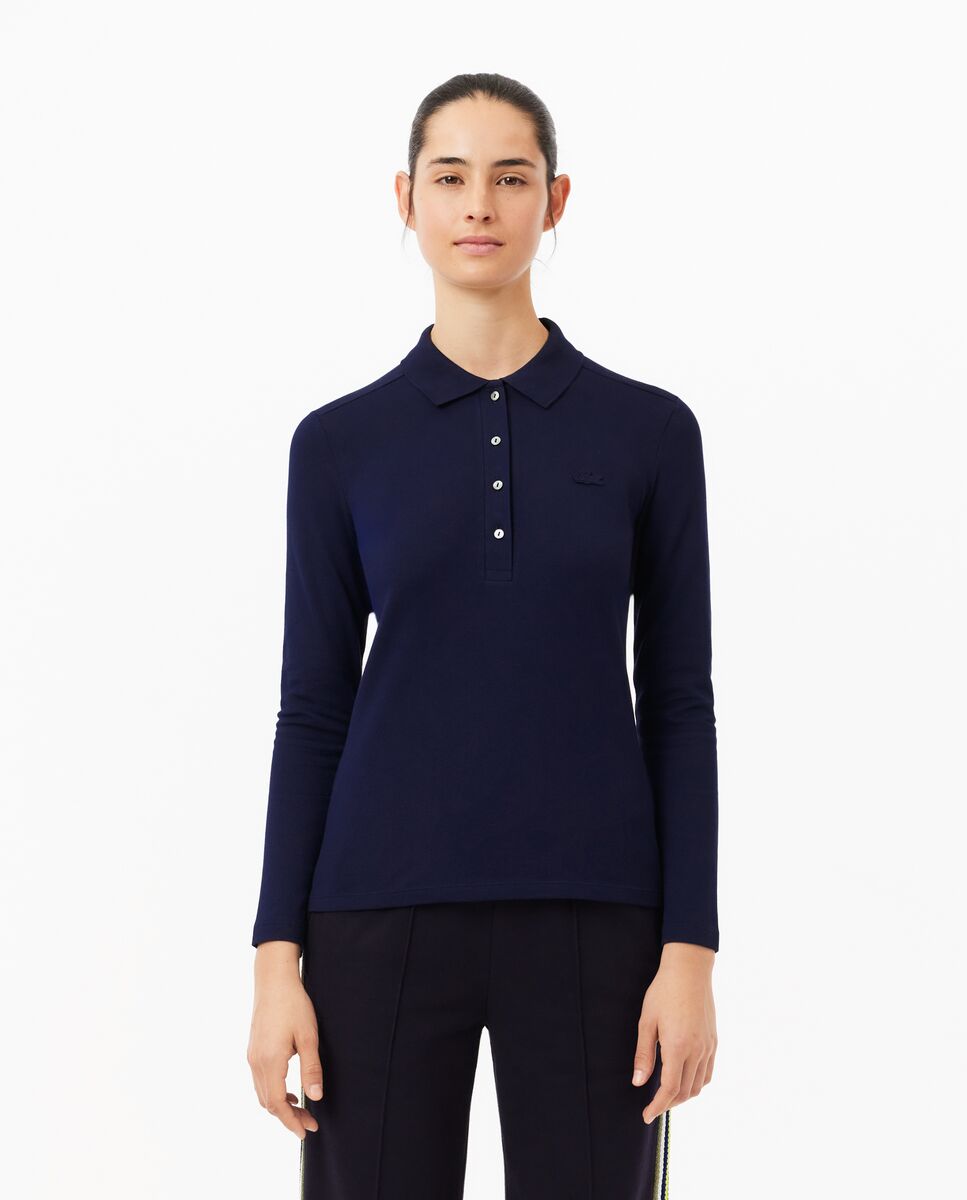 Polo de mujer de corte ajustado de minipiqué elástico de manga corta - Lacoste - Azul oscuro Azul oscuro-1