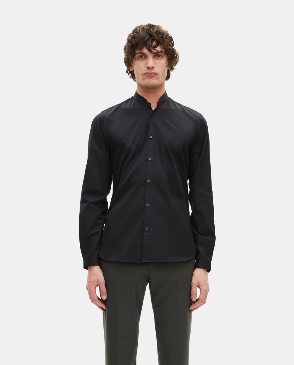 Camisa de hombre negra smart twill, corte recto, cuello Mao y