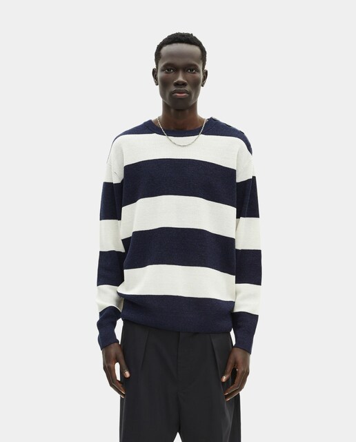 Imagen 0 de Jersey de hombre lana y lino corte recto con cuello redondeado y mangas largas rayas azul marino