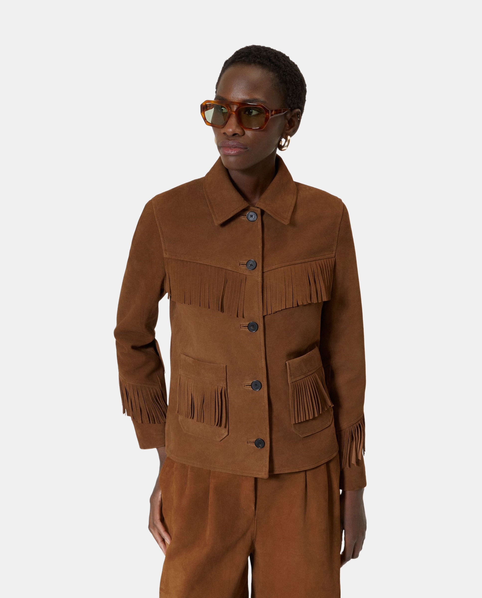 The Kooples - Chaqueta de piel de ante con flecos.